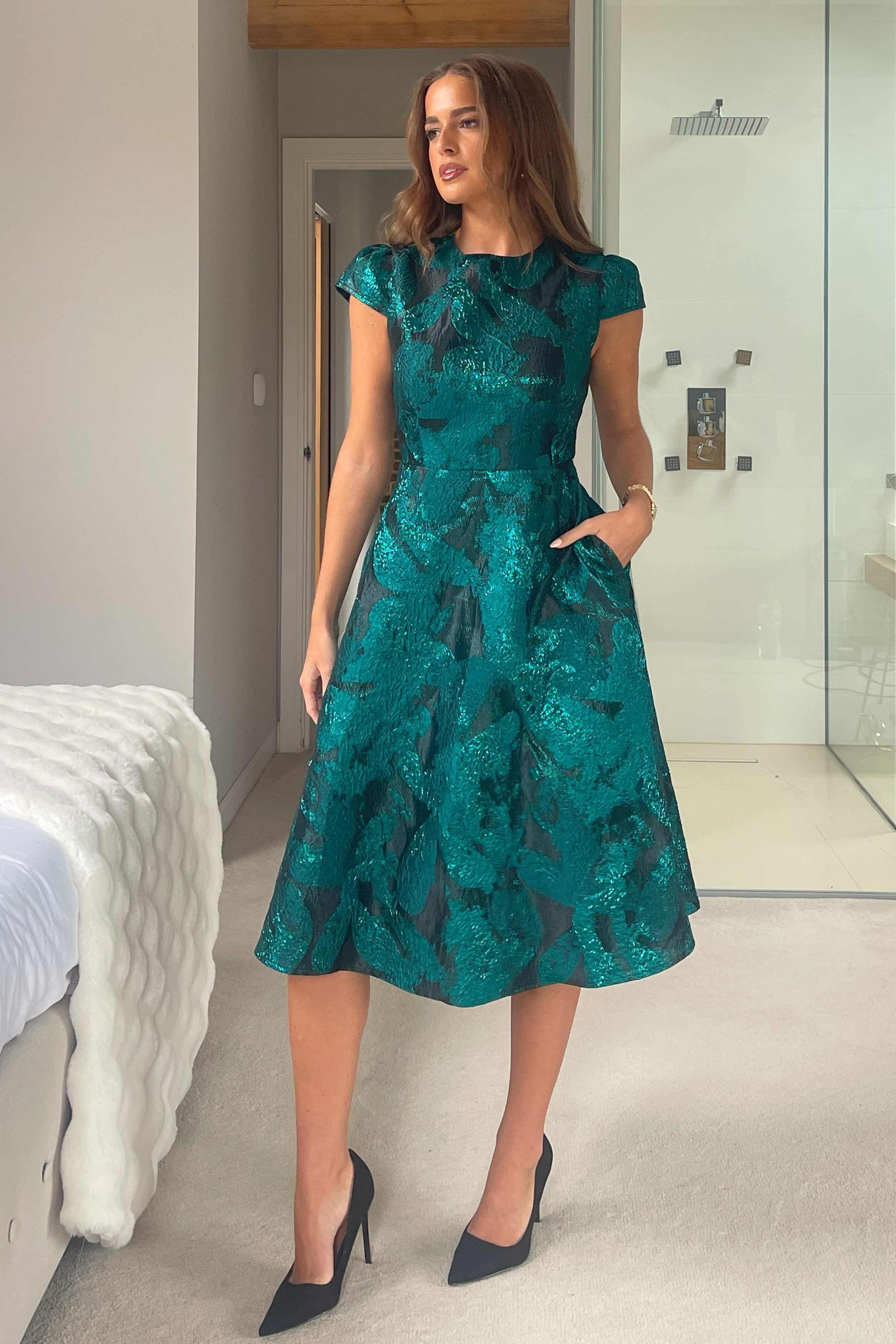 Lara Floral Jacquard High Neck Midi Dress Green