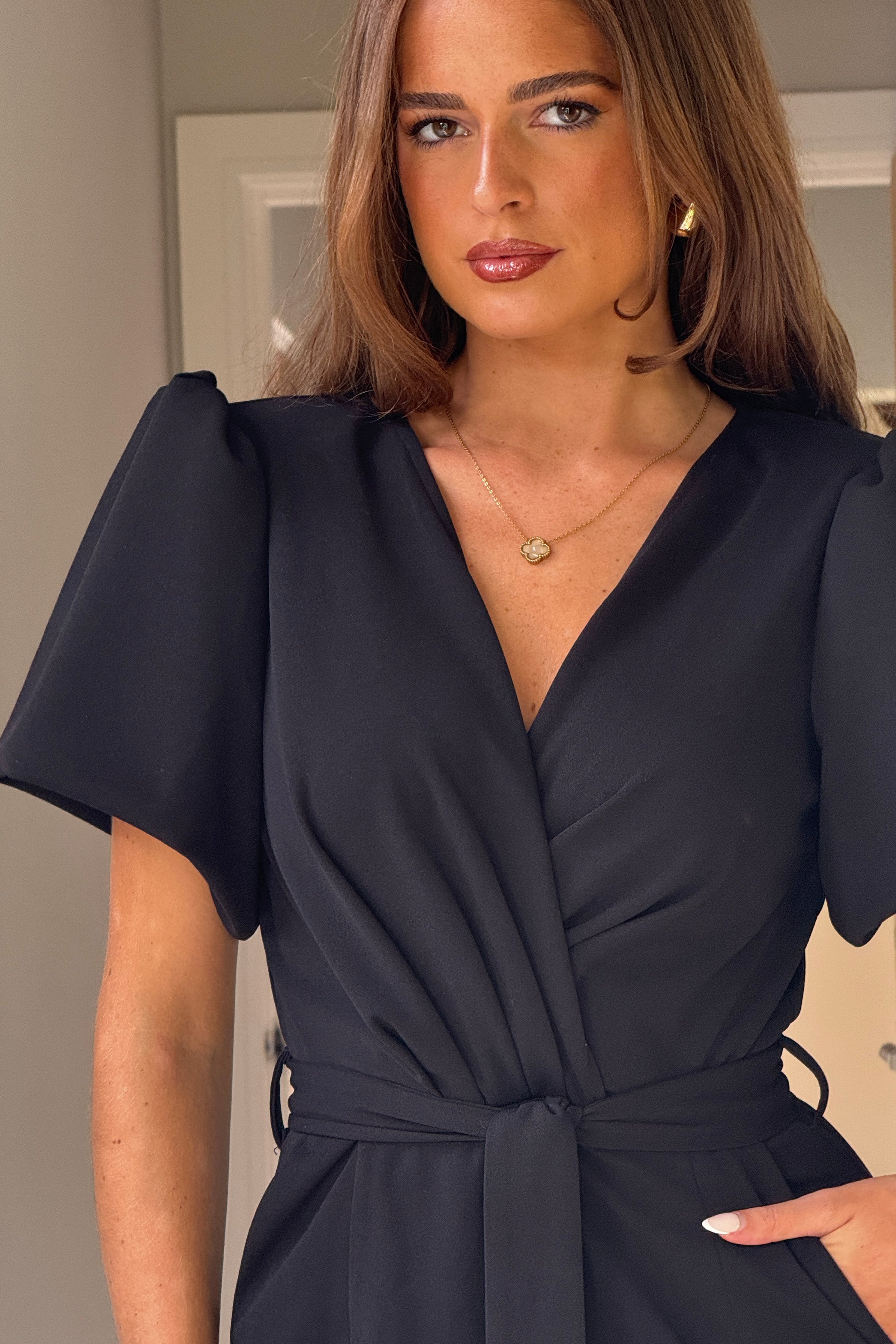 Drew Wrap Neck Puff Sleeve Jumpsuit Black