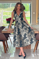 Jesinia Black And Gold Jacquard V Neck Midi Dress