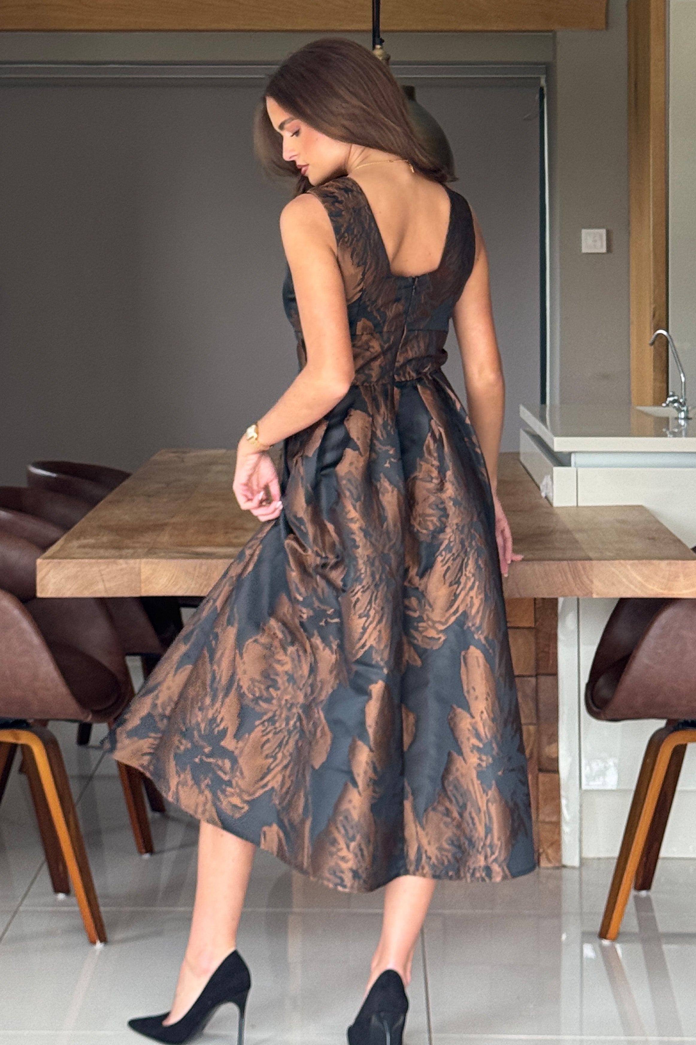 Jesinia Brown Jacquard V Neck Midi Dress