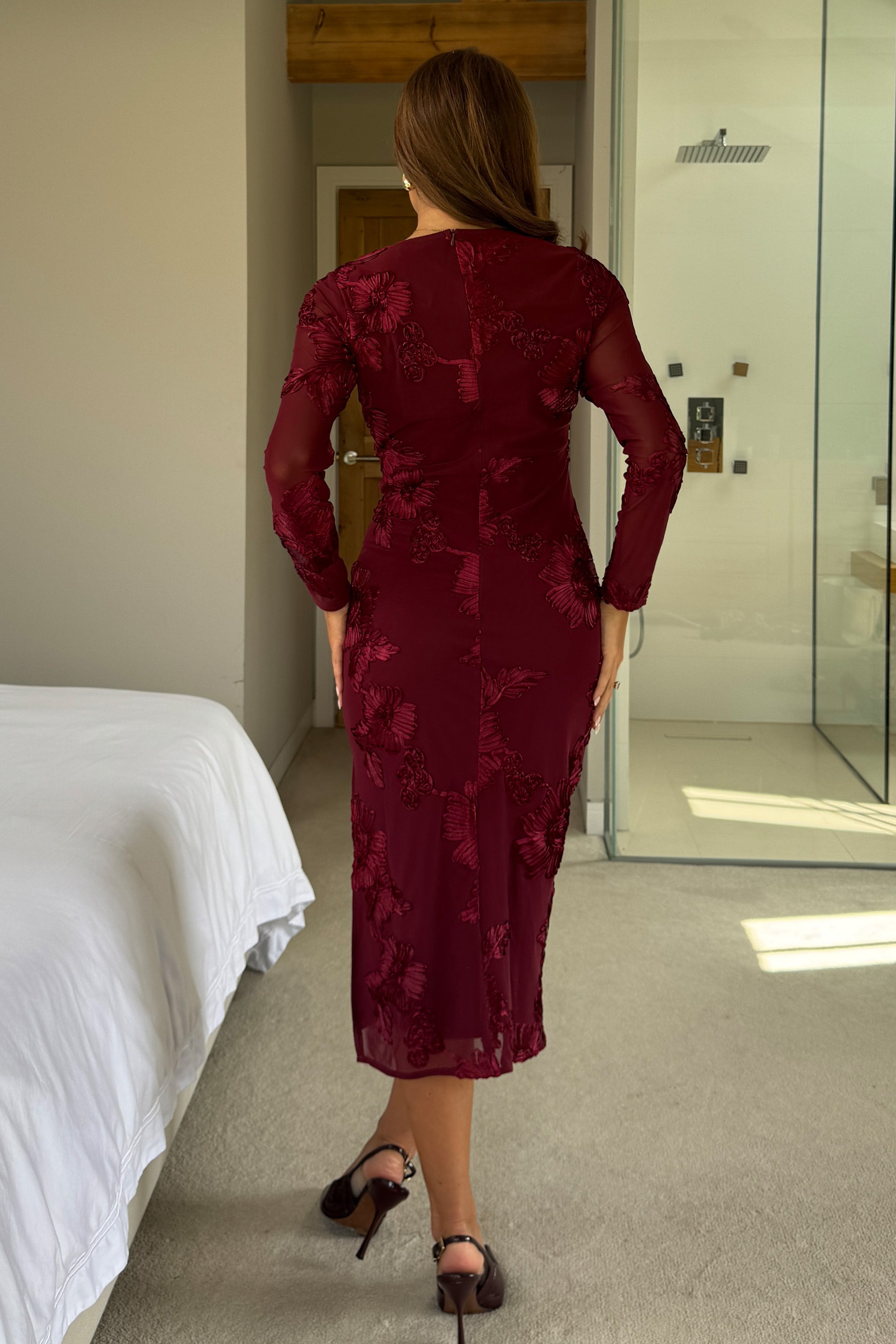 Elodie Floral Embroidered Mesh Bodycon Midi Dress Plum