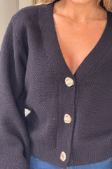 Dominique V Neck Gold Button Cardigan Black