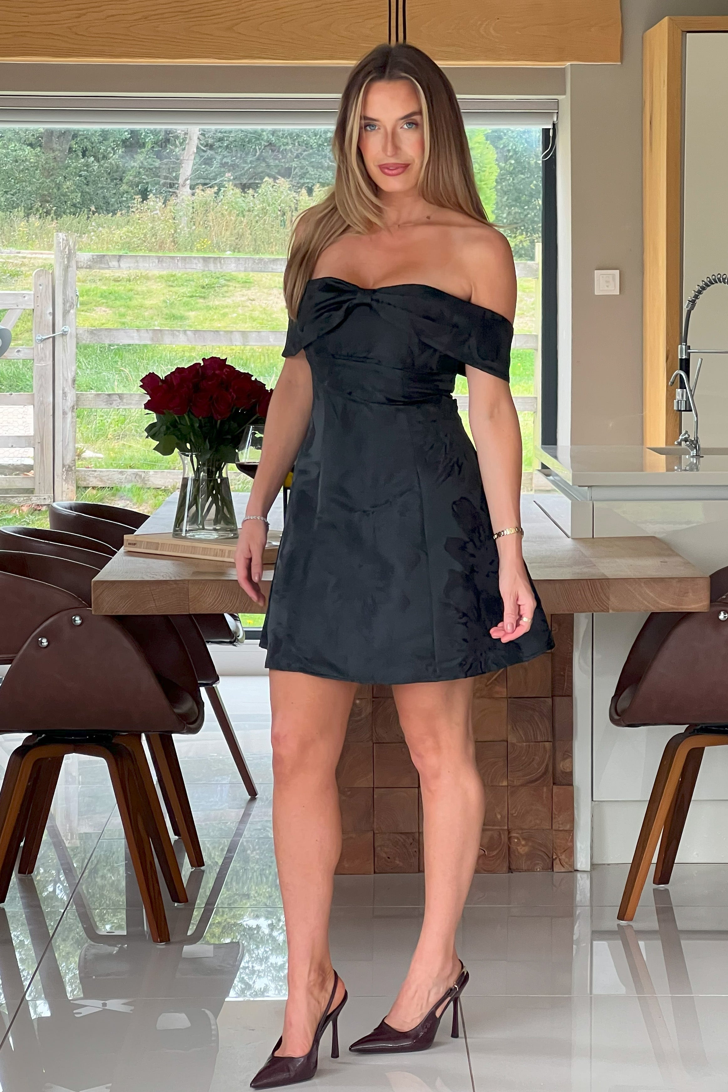Juliet Bow Detail Off The Shoulder Mini Dress Black