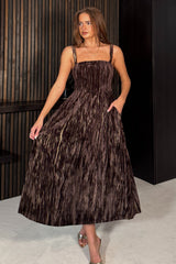Danika Bandeao Brown Foiled Velvet Midi Dress
