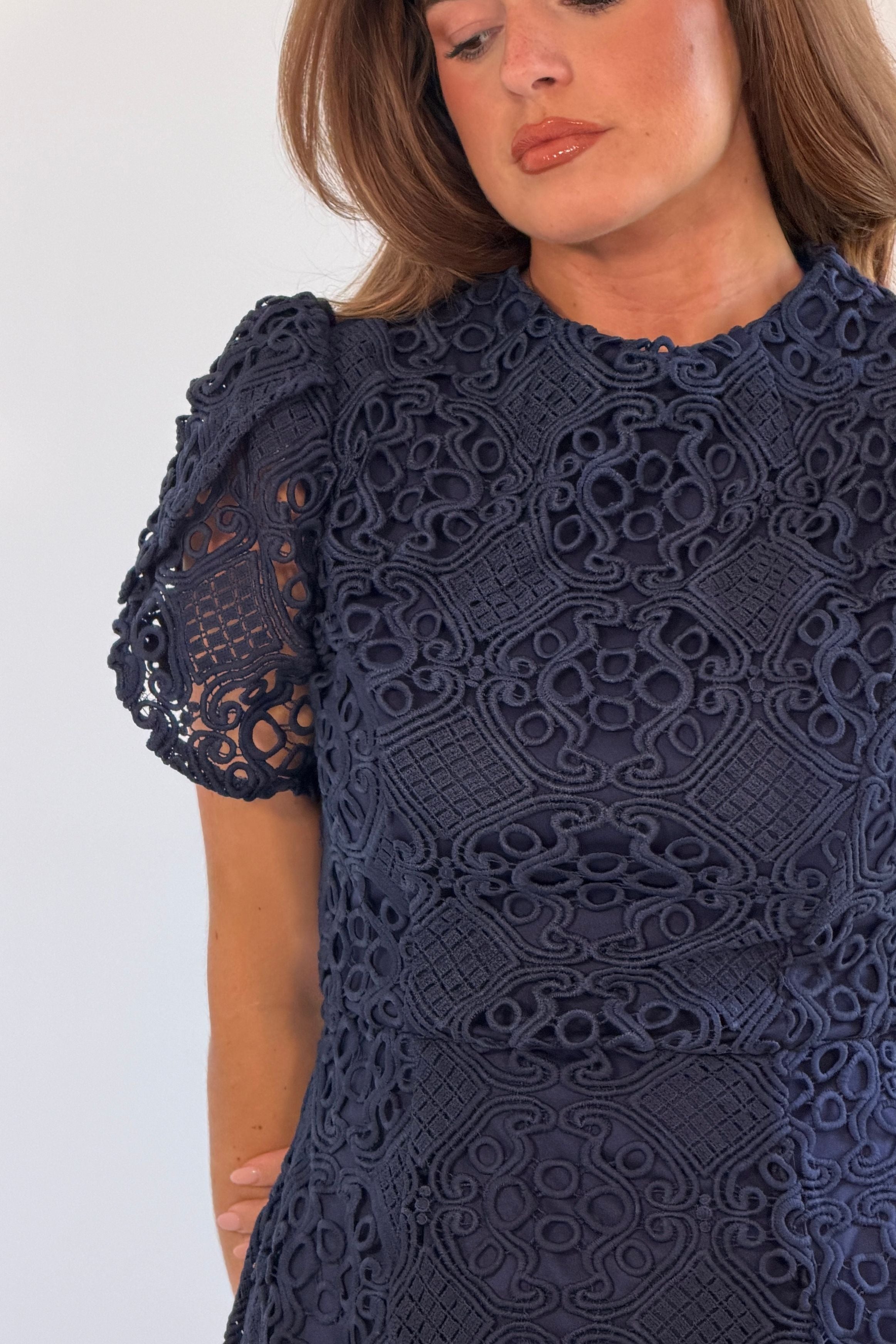 Ami Corded Lace Tulip Sleeve Mini Dress Navy