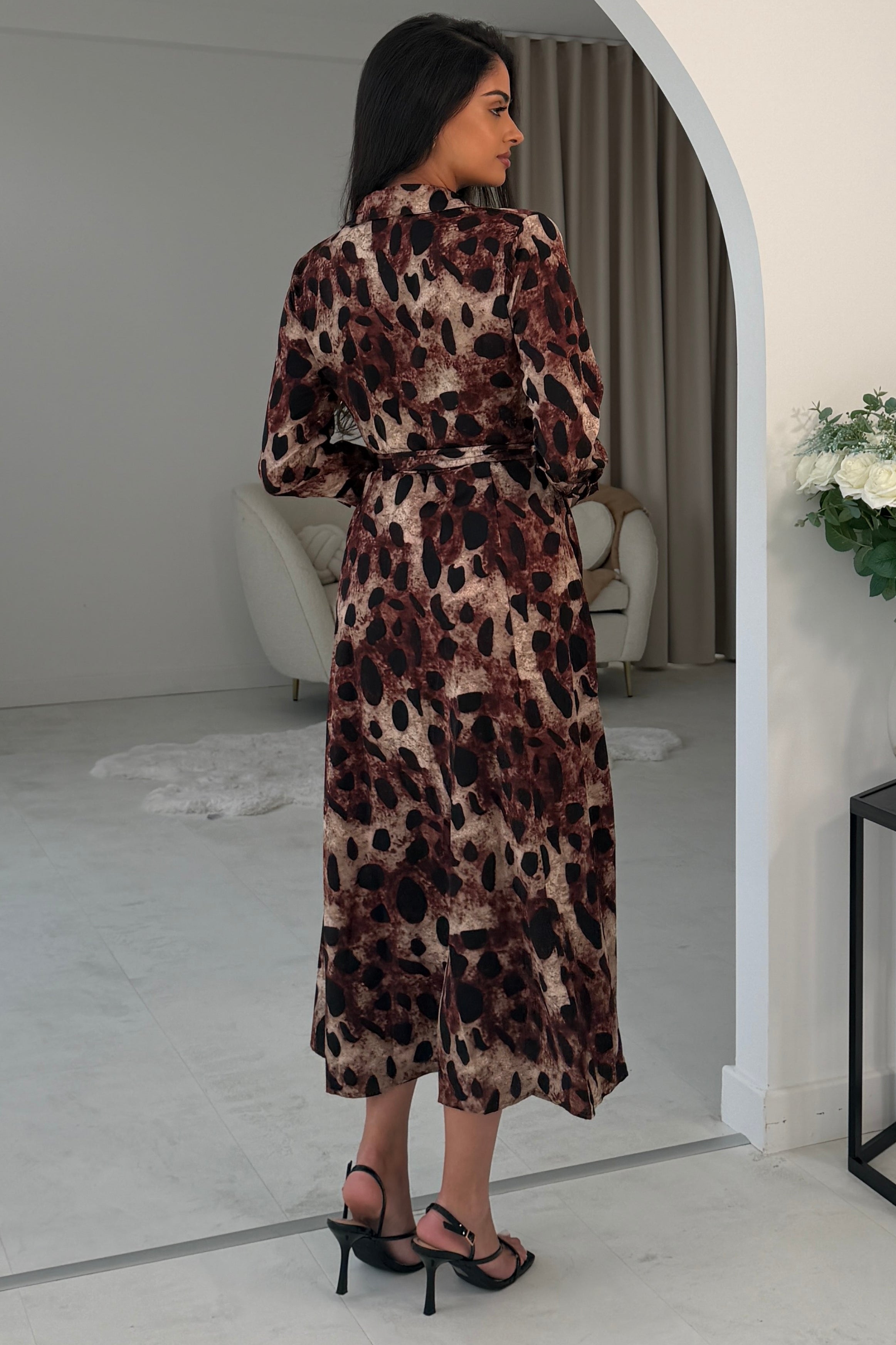 Angela Long Sleeve Maxi Shirt Dress Brown Animal Print