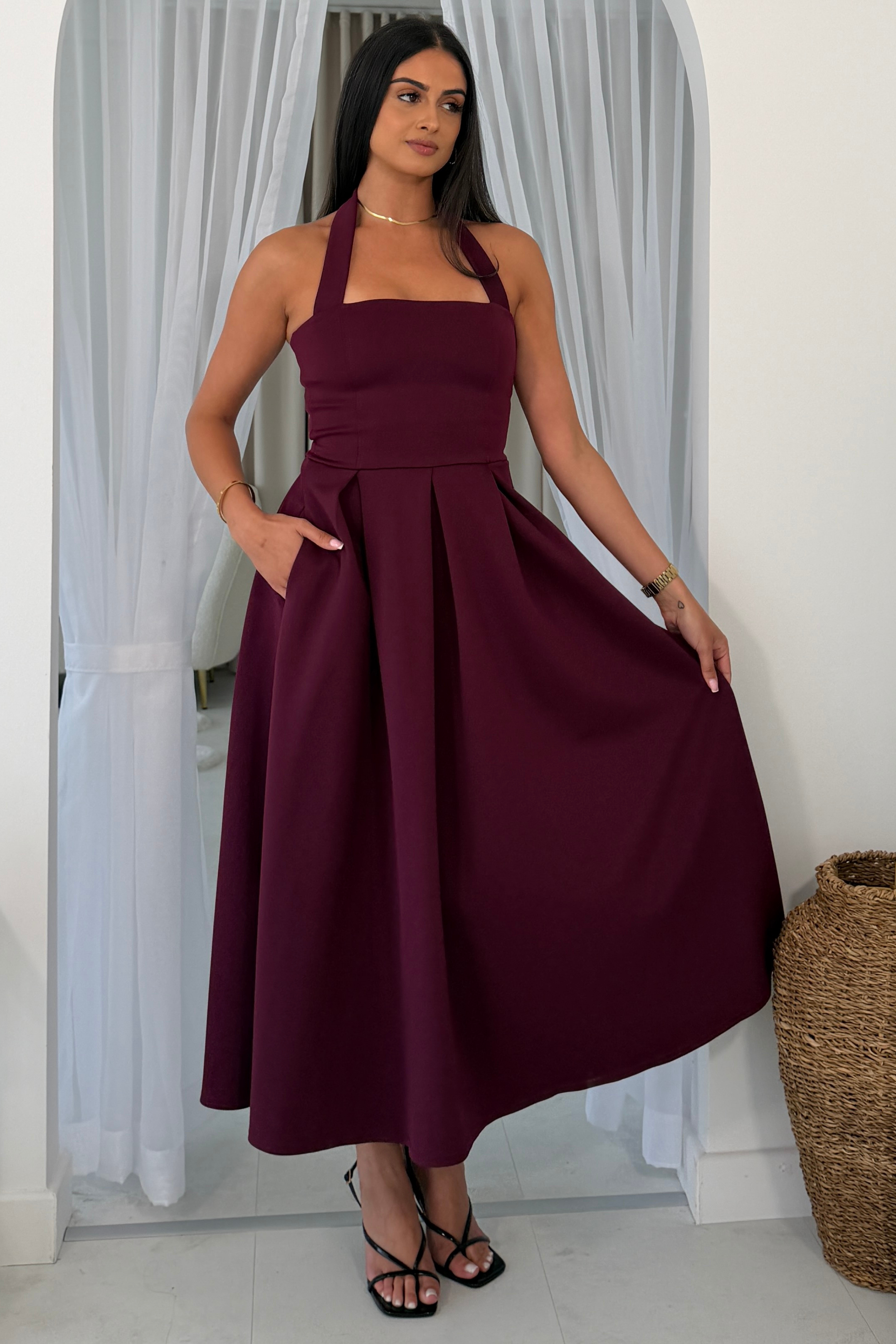 Briar Halterneck Pleated Skirt Midi Dress Plum