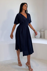 Laura V-Neck Short Sleeve Flowy Navy Midi Dress