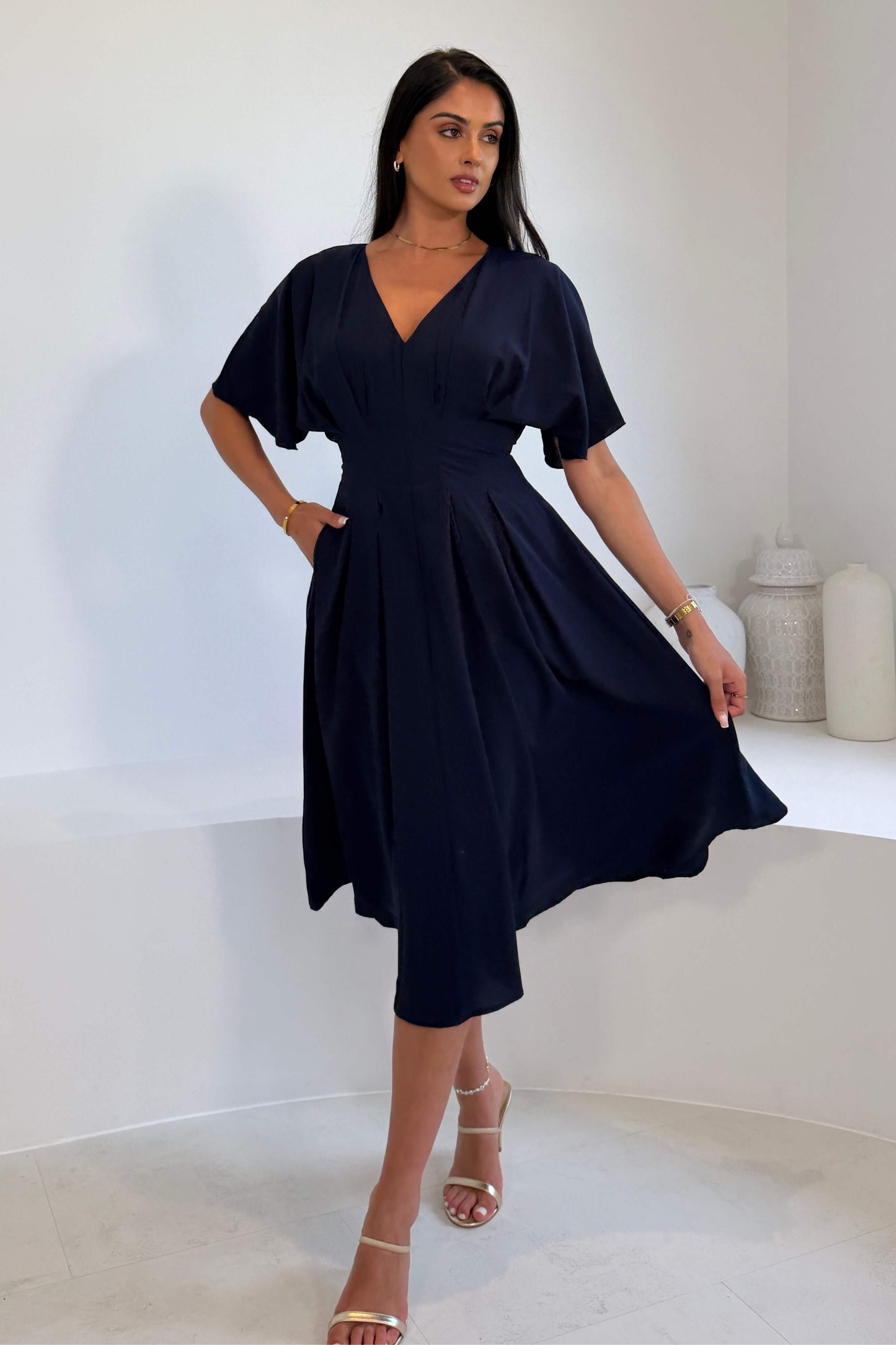Laura V-Neck Short Sleeve Flowy Navy Midi Dress