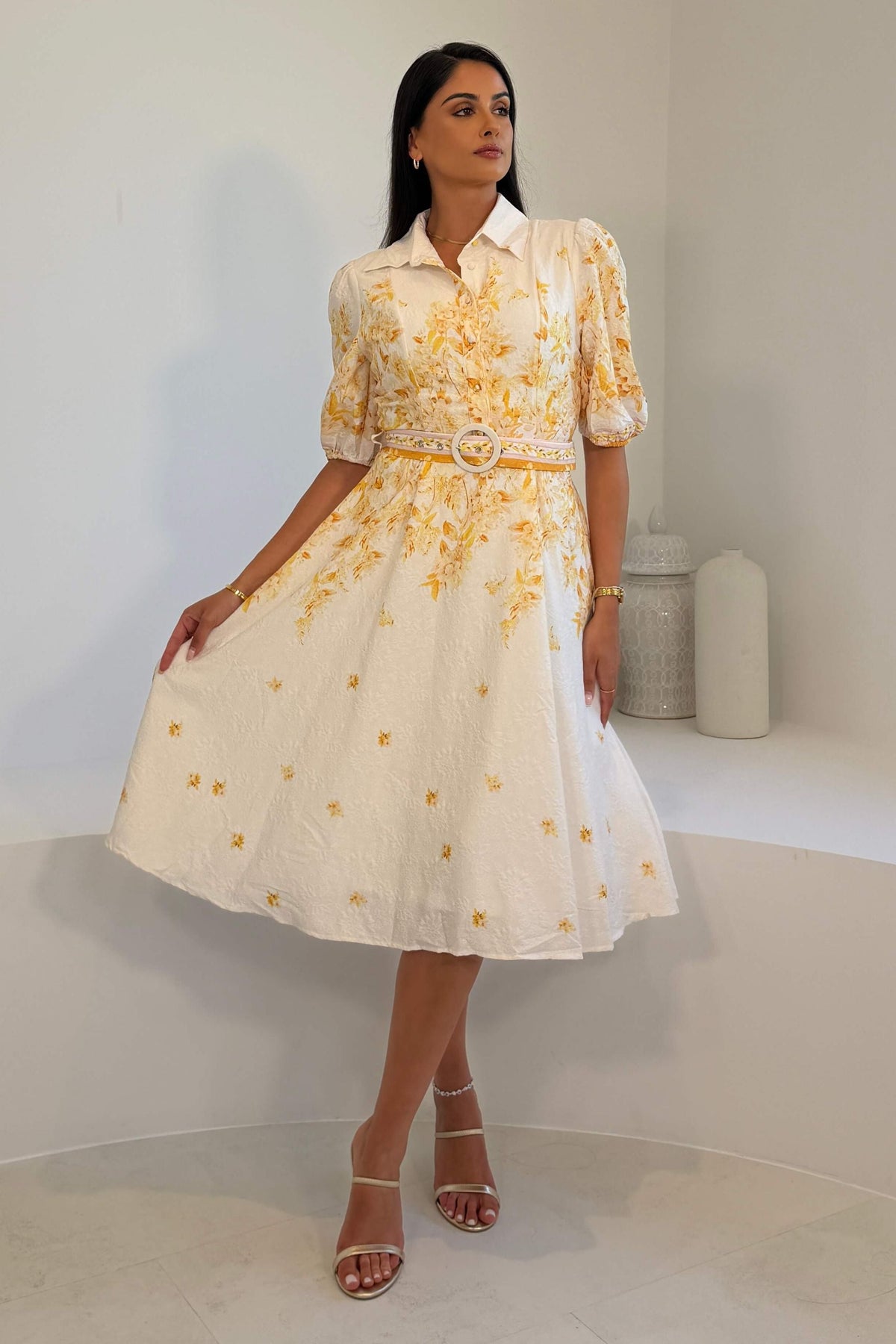 Holland Cream and Yellow Floral Collar Midi Dress