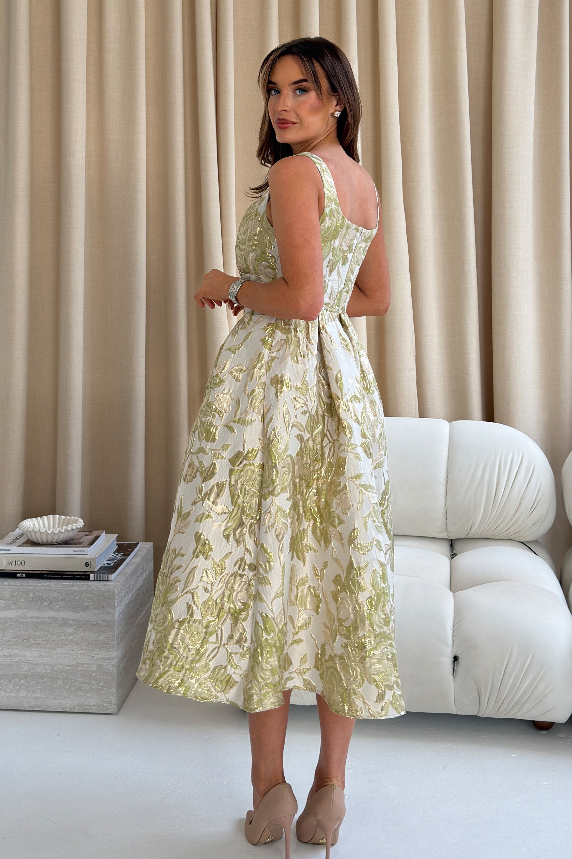 Camelia Sweetheart Neckline Midi Dress Green Floral