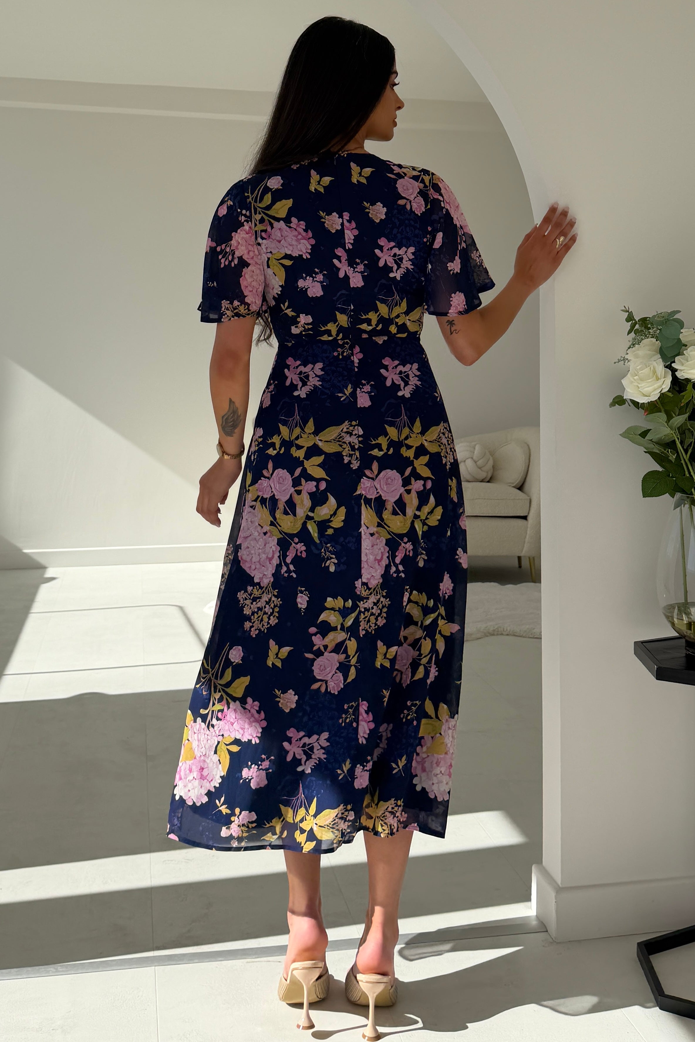 Daisy Wrap Neck Twist Detail Midi Dress Navy