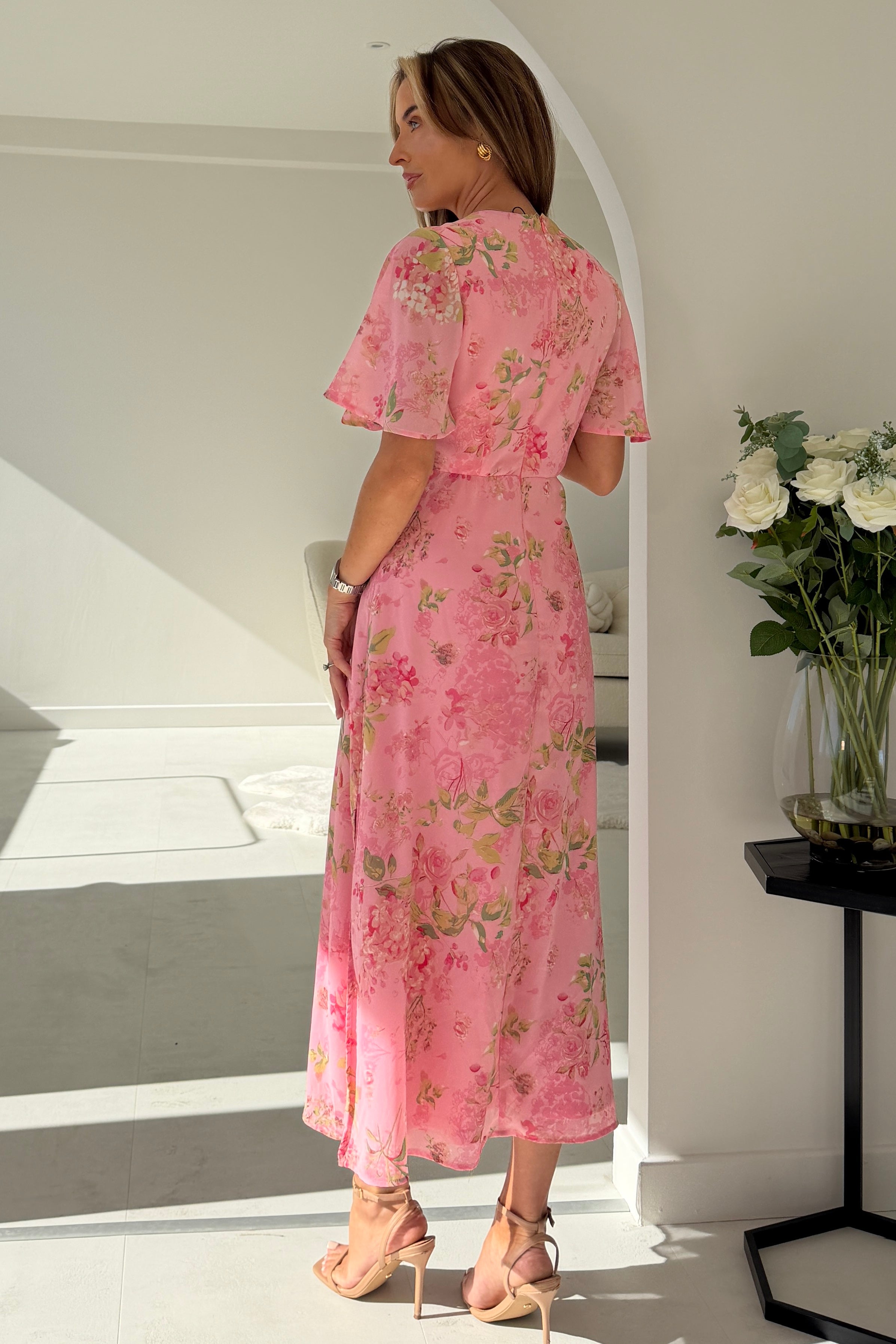 Daisy Wrap Neck Twist Detail Midi Dress Pink