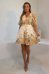 Azelia Puff Sleeve V Neck Mini Dress Yellow Floral
