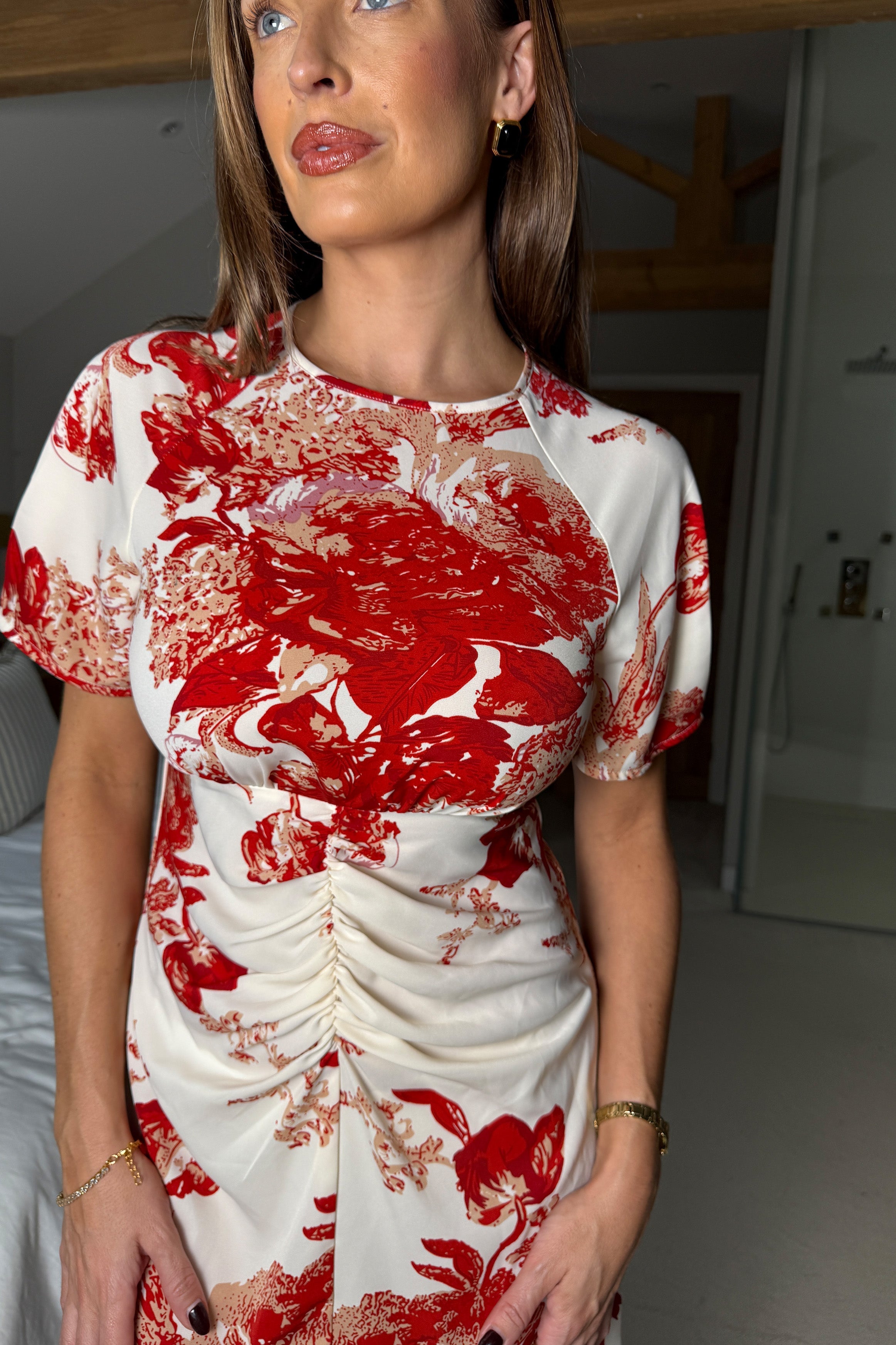 Kamala Rouched Detail A Line Midi Dress Red Floral