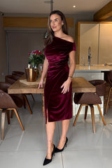 Ariana Asymmetric Berry Velvet Midi Dress