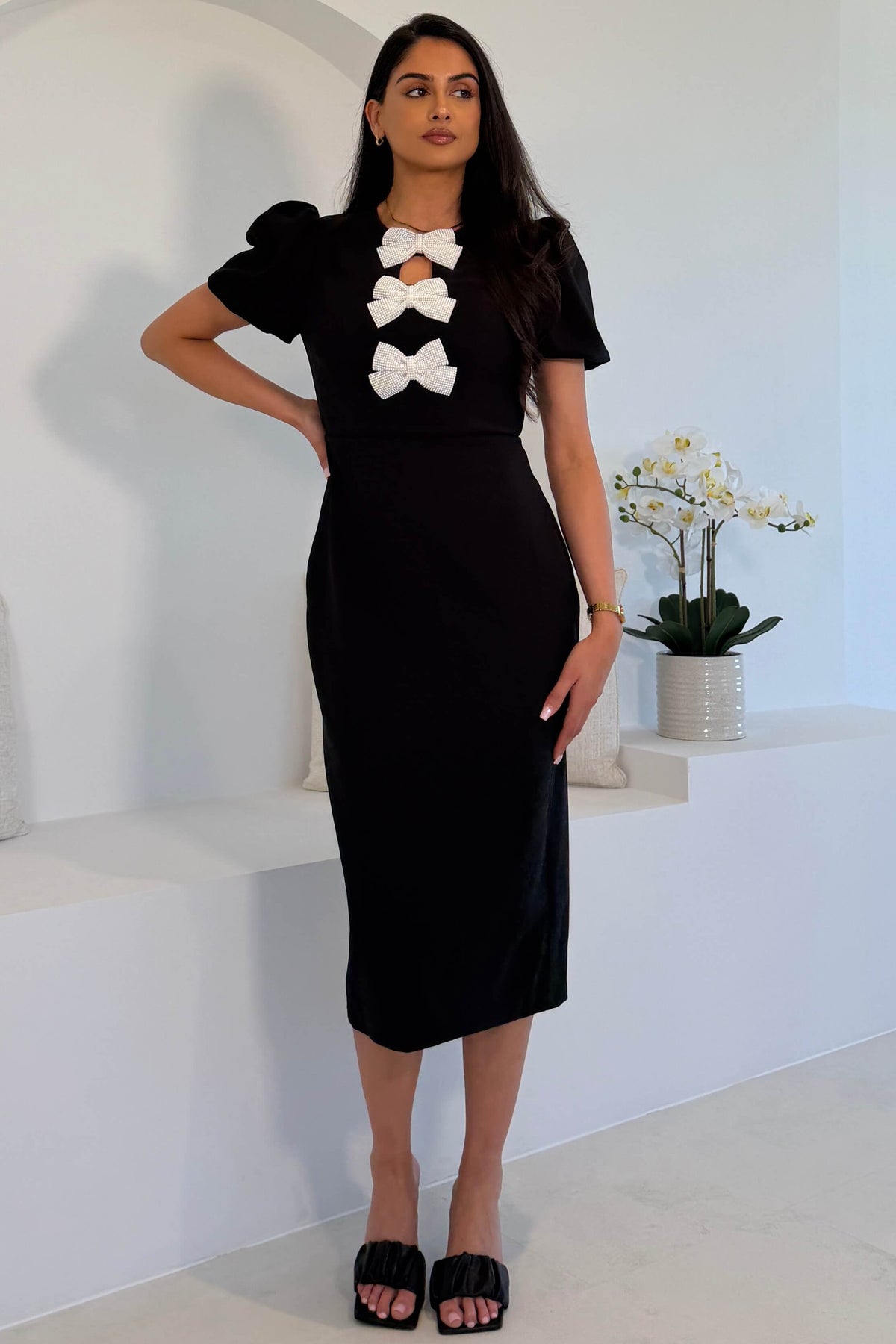 Emma Cut Out Bow Midi Dress Black