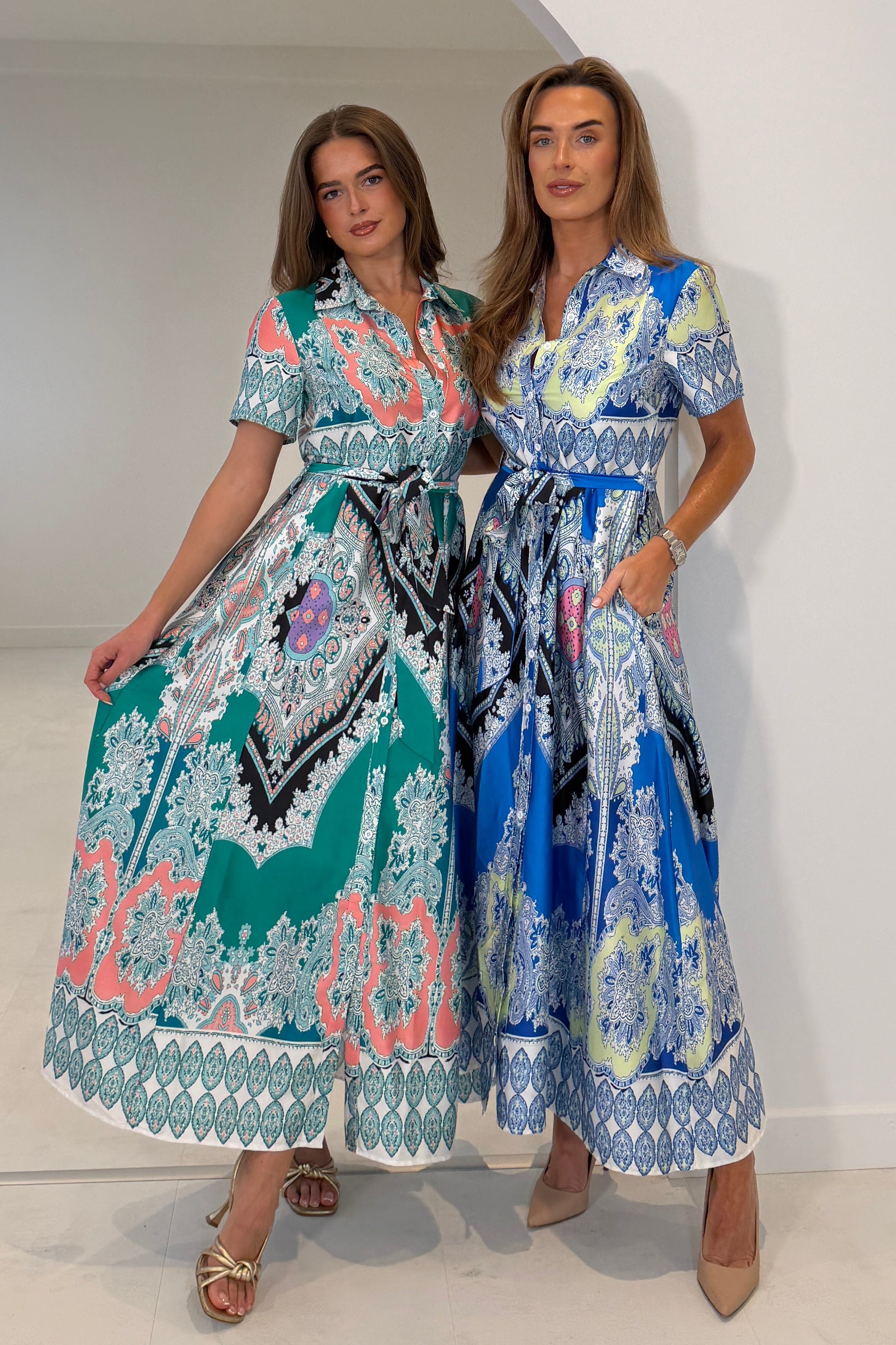 Aurora Paisly Print Midi Shirt Dress Green