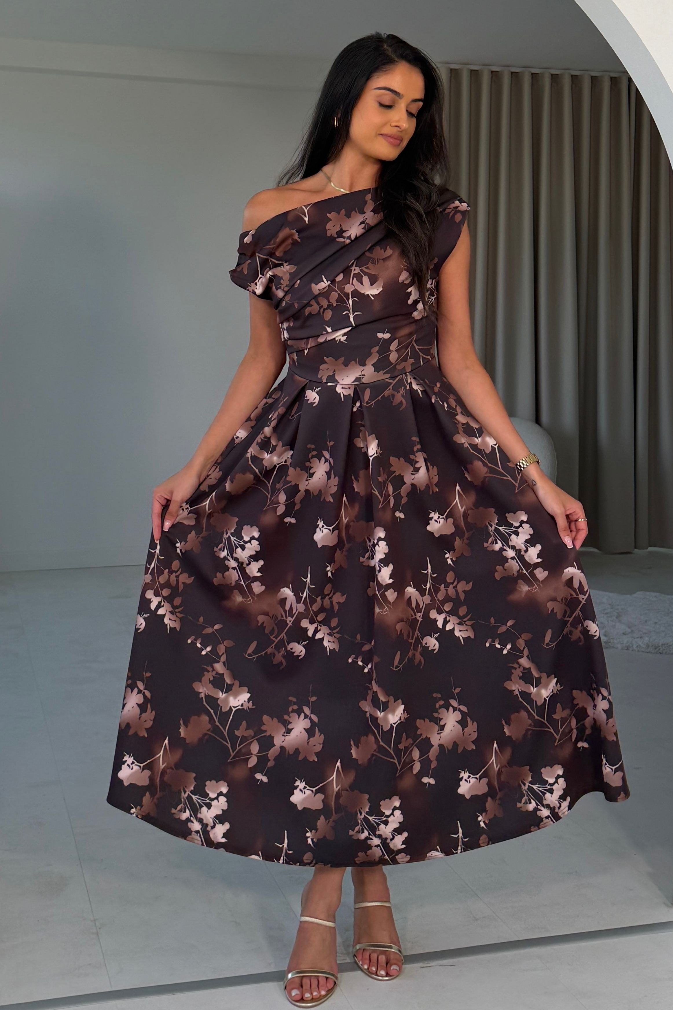 Betty Asymmetric Neckline Floral Skater Midi Dress Brown Floral