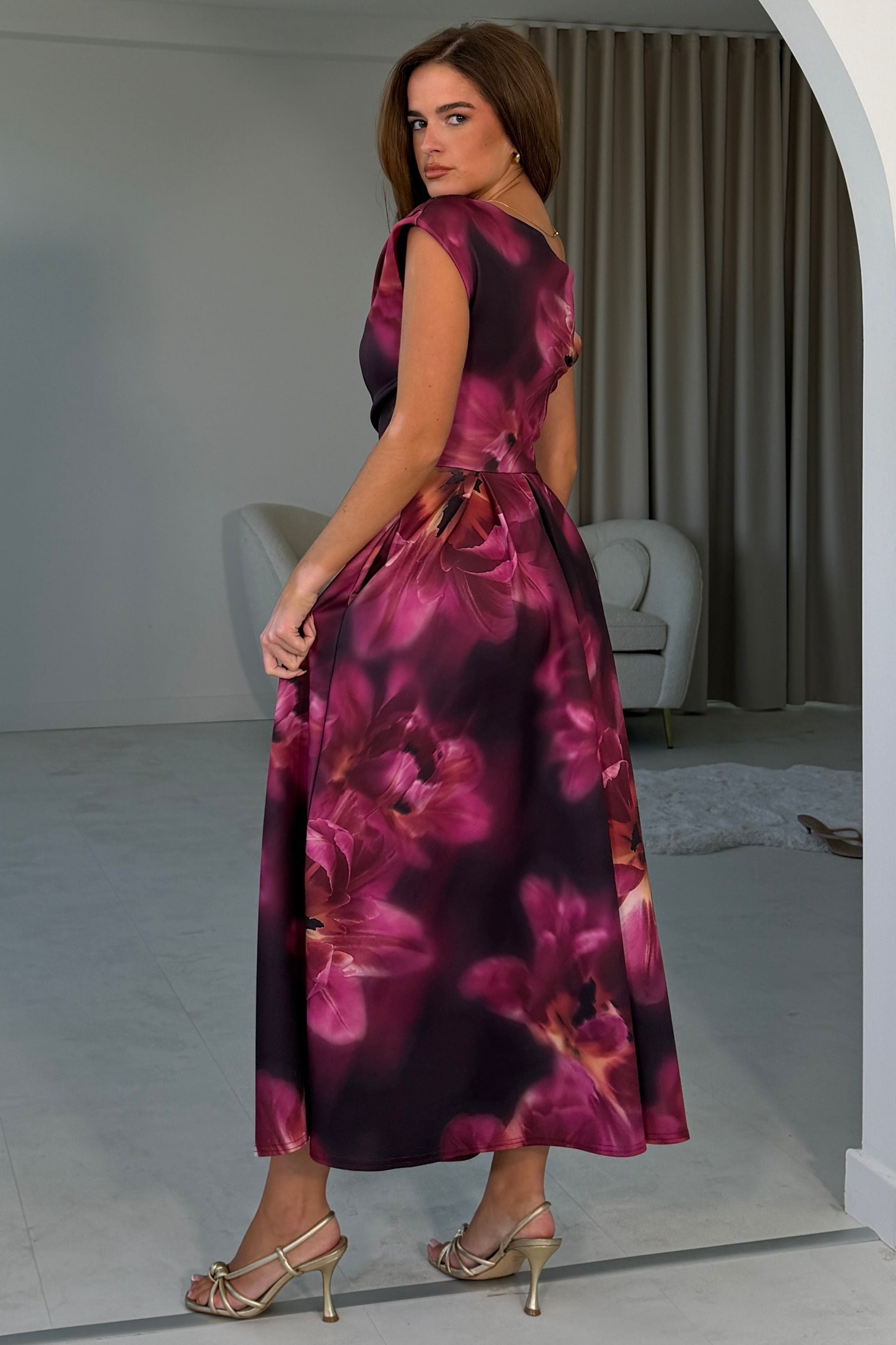 Betty Asymmetric Neckline Floral Skater Midi Dress Plum Floral