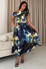 Betty Asymmetric Neckline Large Floral Skater Midi Dress Sapphire Blue