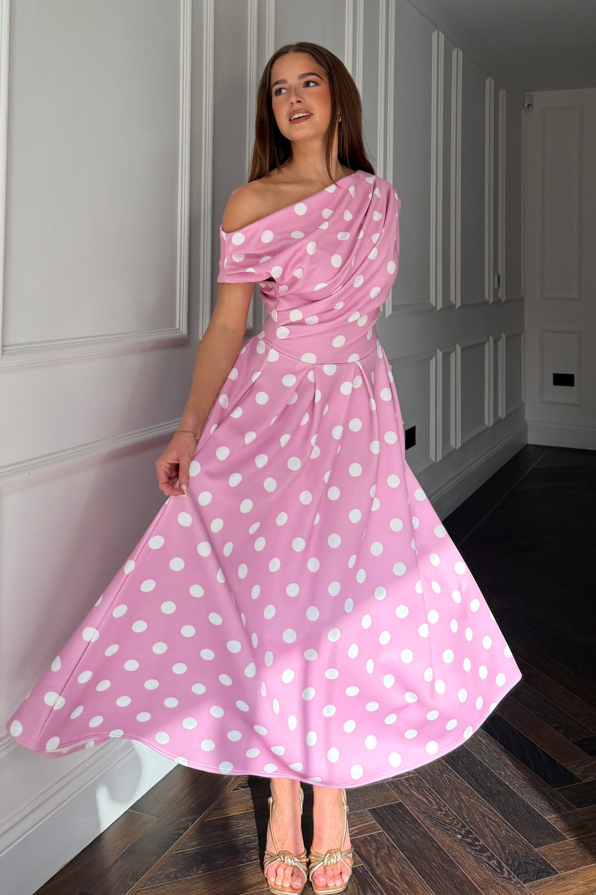 Betty Asymmetric Neckline Skater Midi Pink Polka