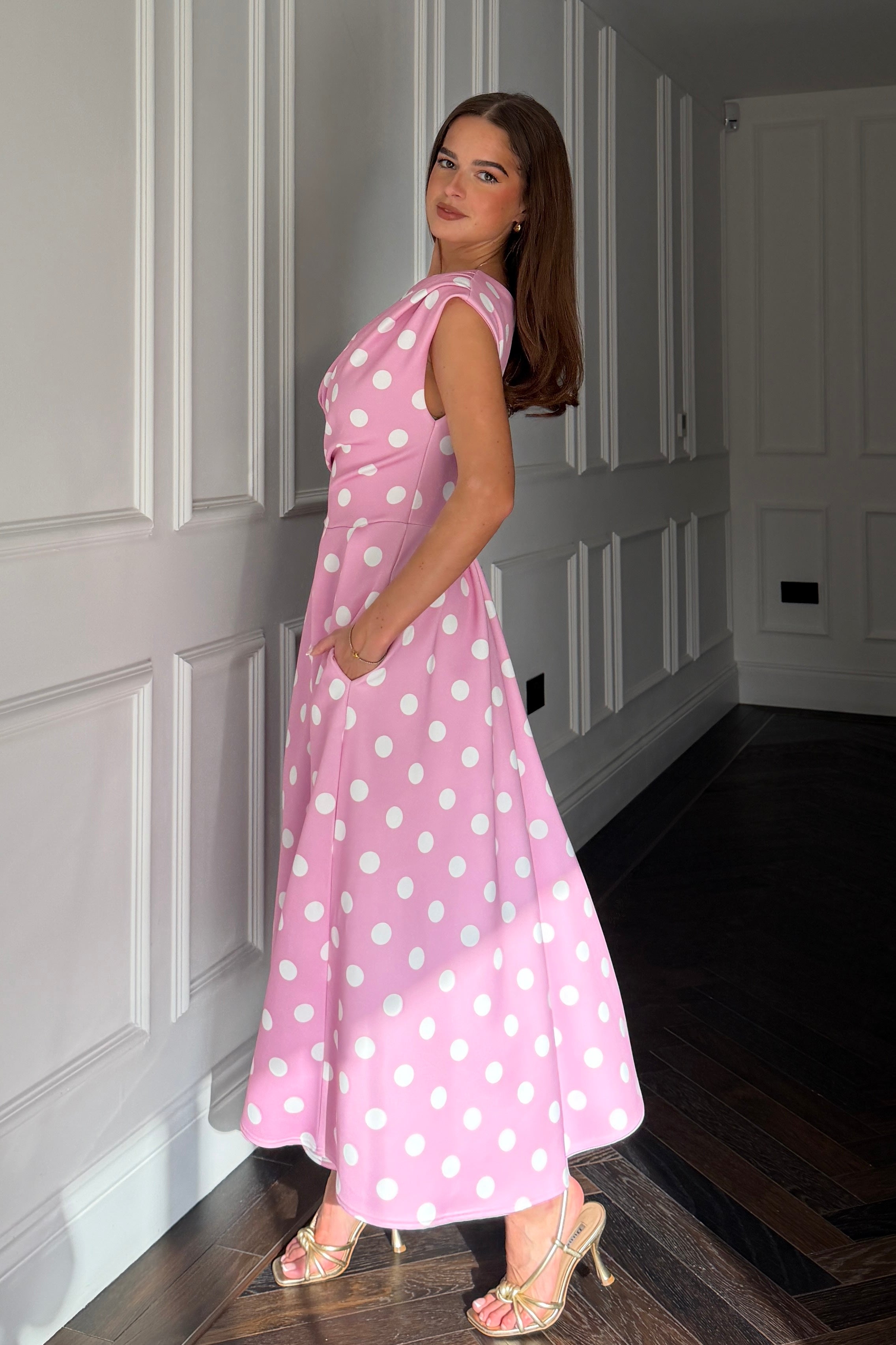 Betty Asymmetric Neckline Skater Midi Pink Polka