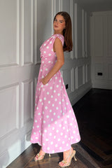 Betty Asymmetric Neckline Skater Midi Pink Polka