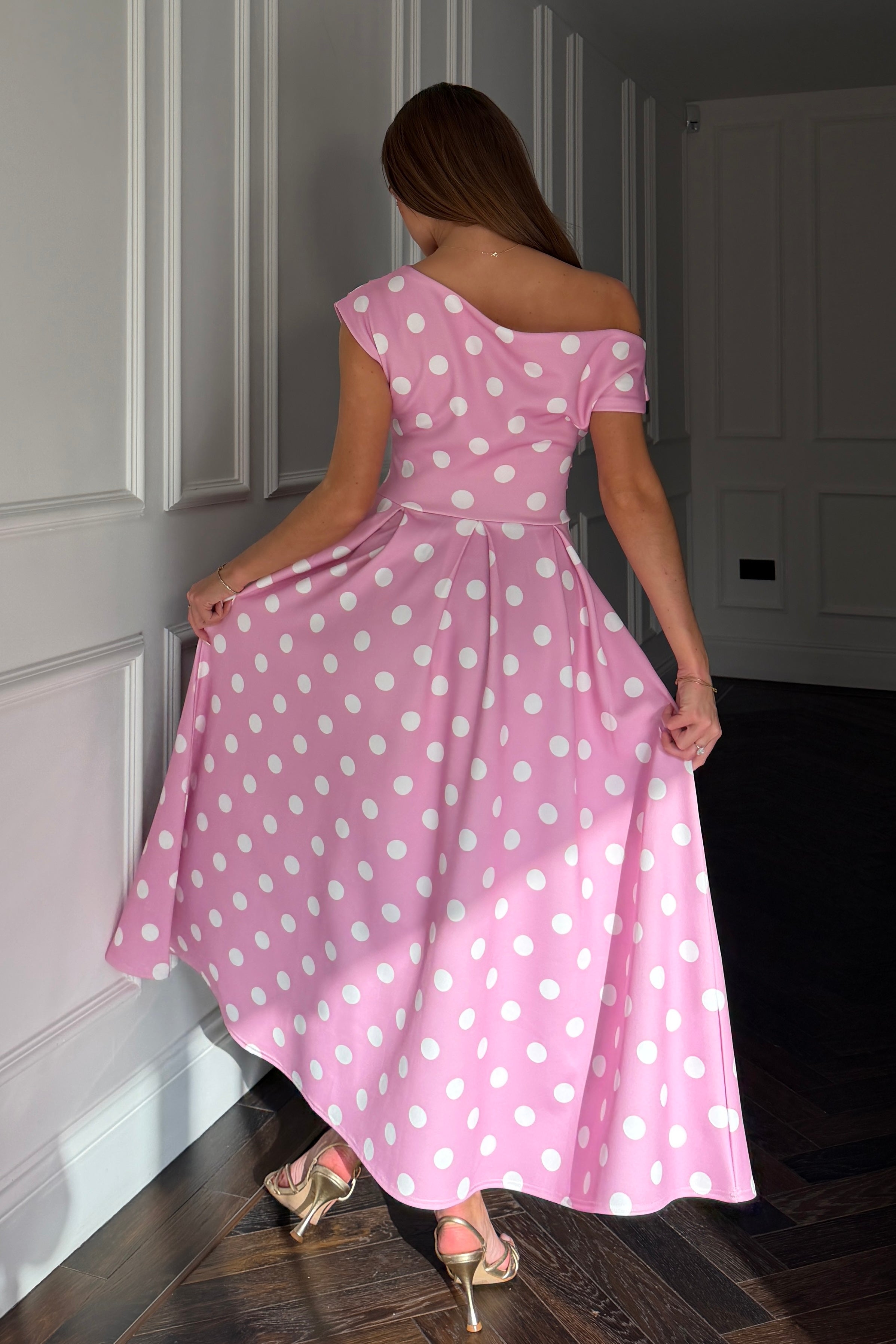 Betty Asymmetric Neckline Skater Midi Pink Polka