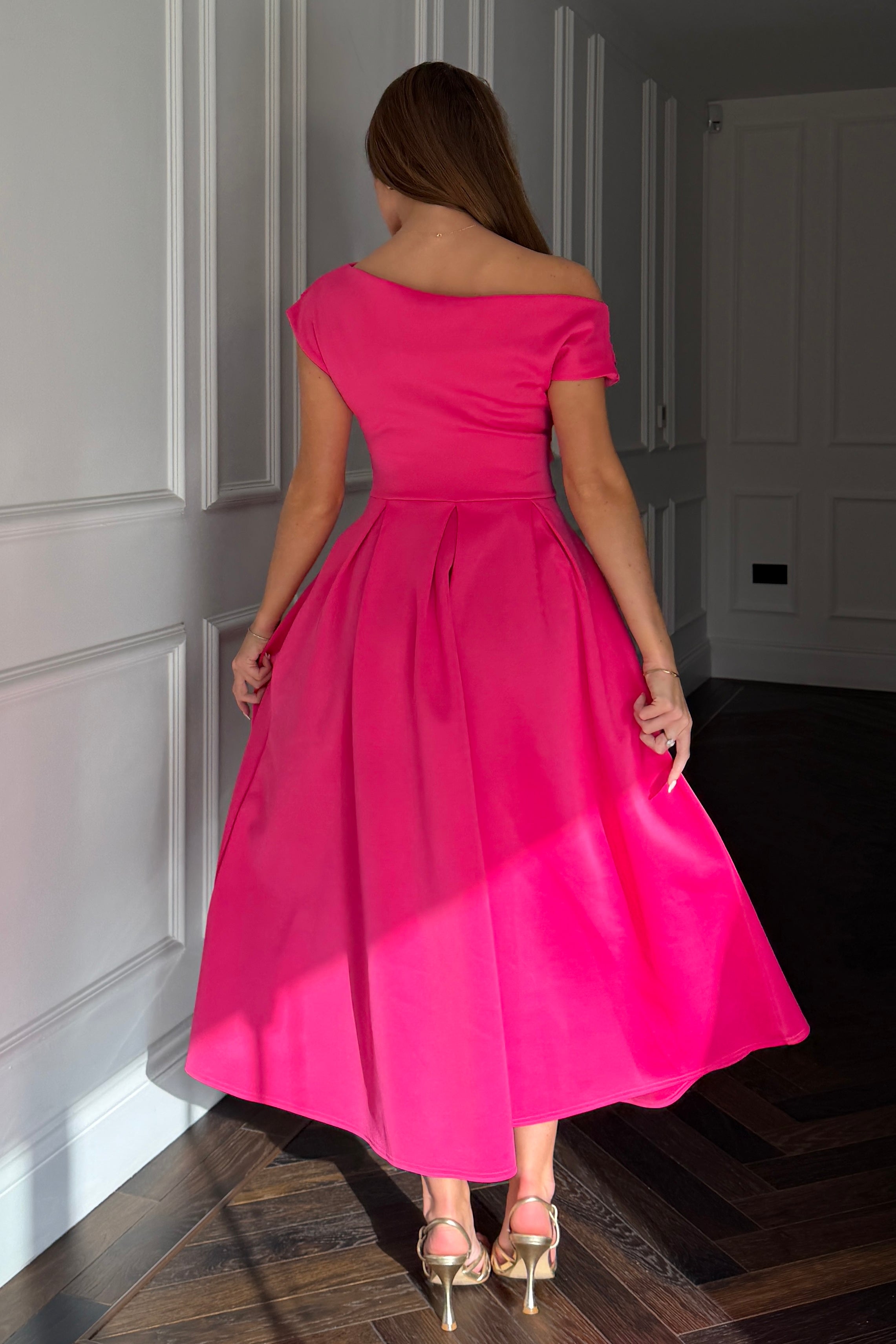 Betty Asymmetric Neckline Skater Midi Hot Pink