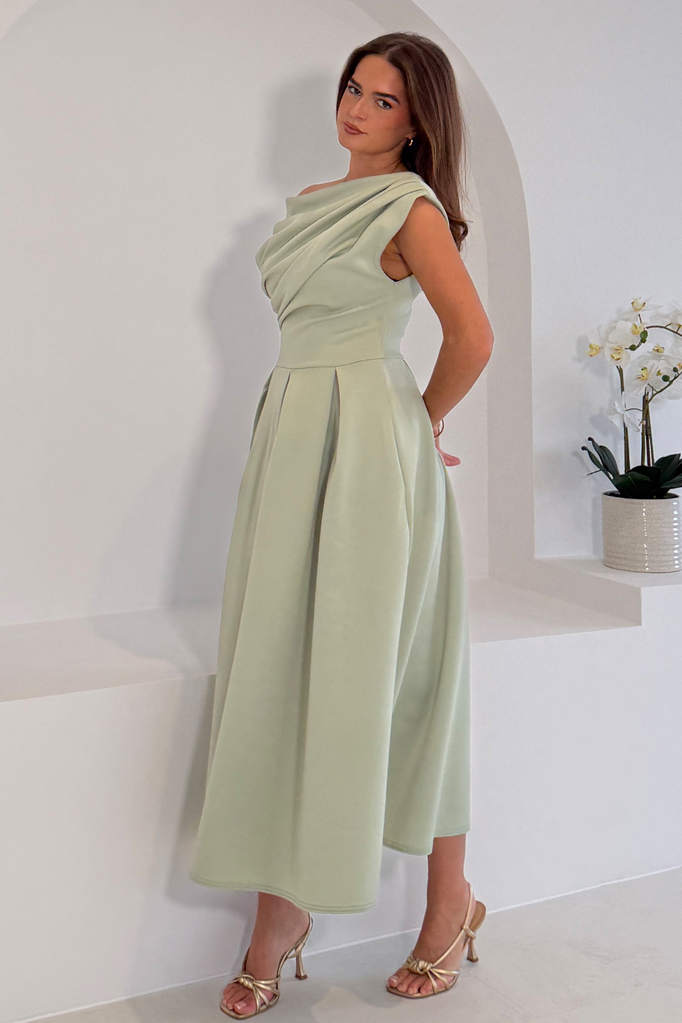 Betty Asymmetric Neckline Skater Midi Dress Sage