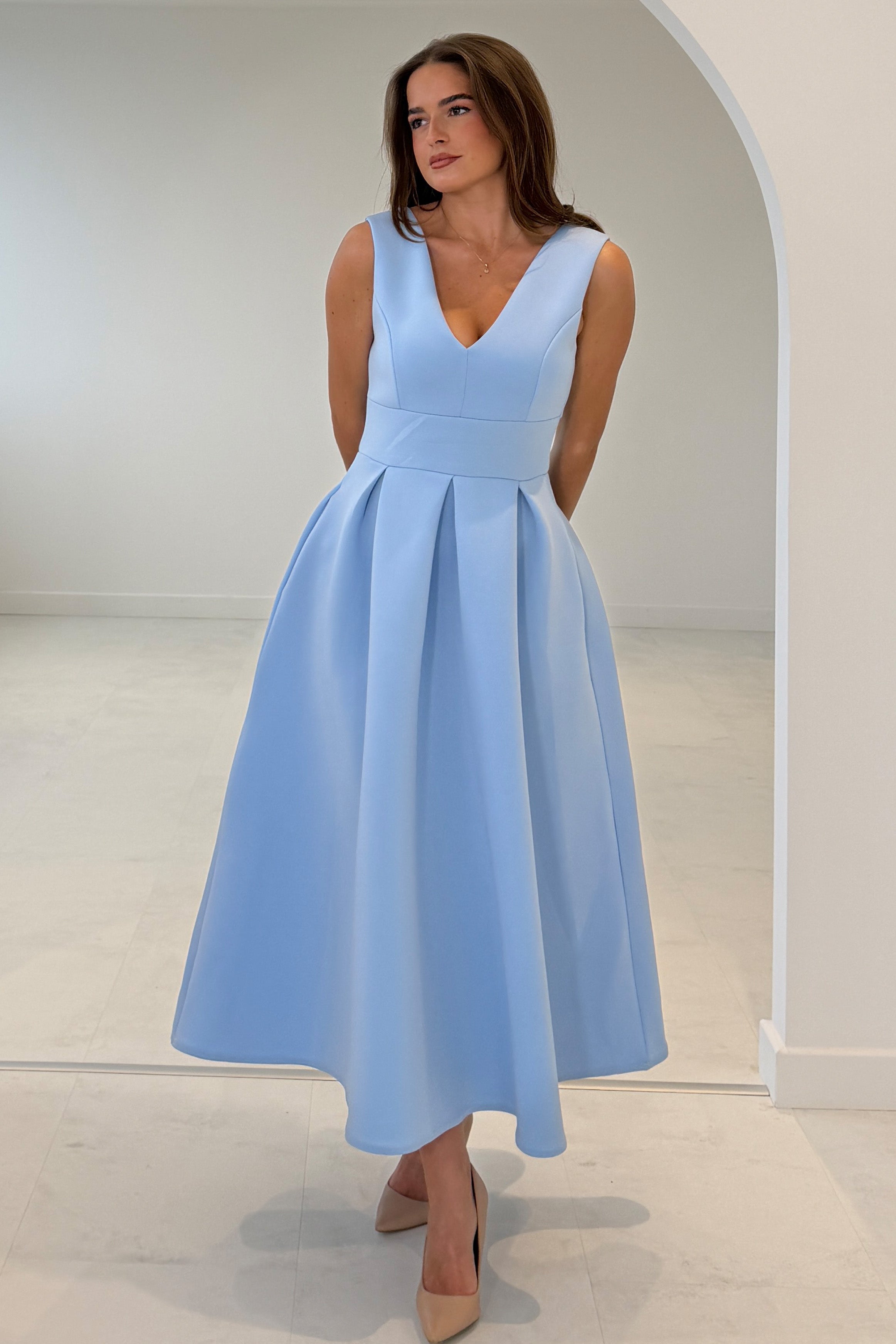 Bethany V Neck Skater Midi Blue
