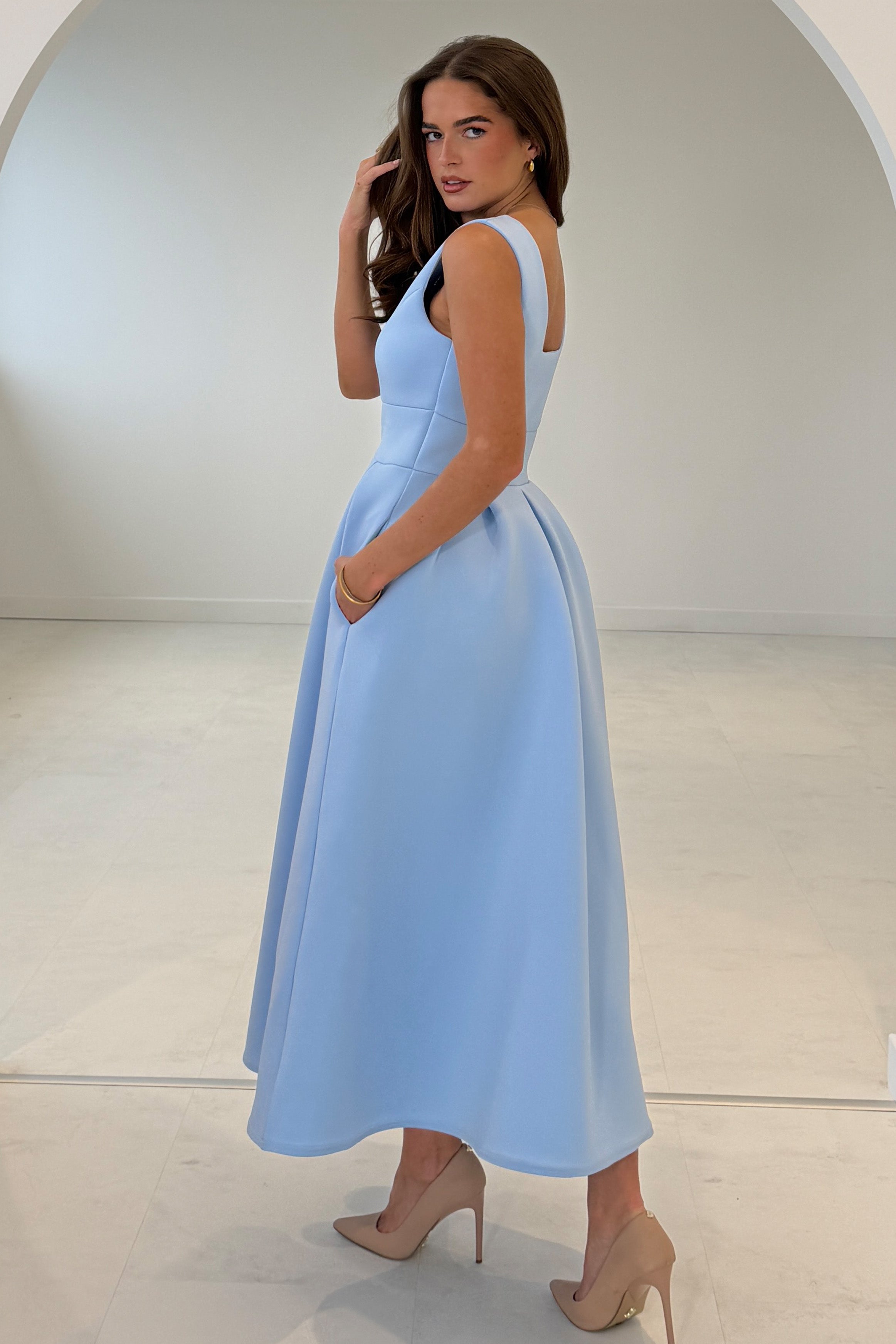 Bethany V Neck Skater Midi Blue