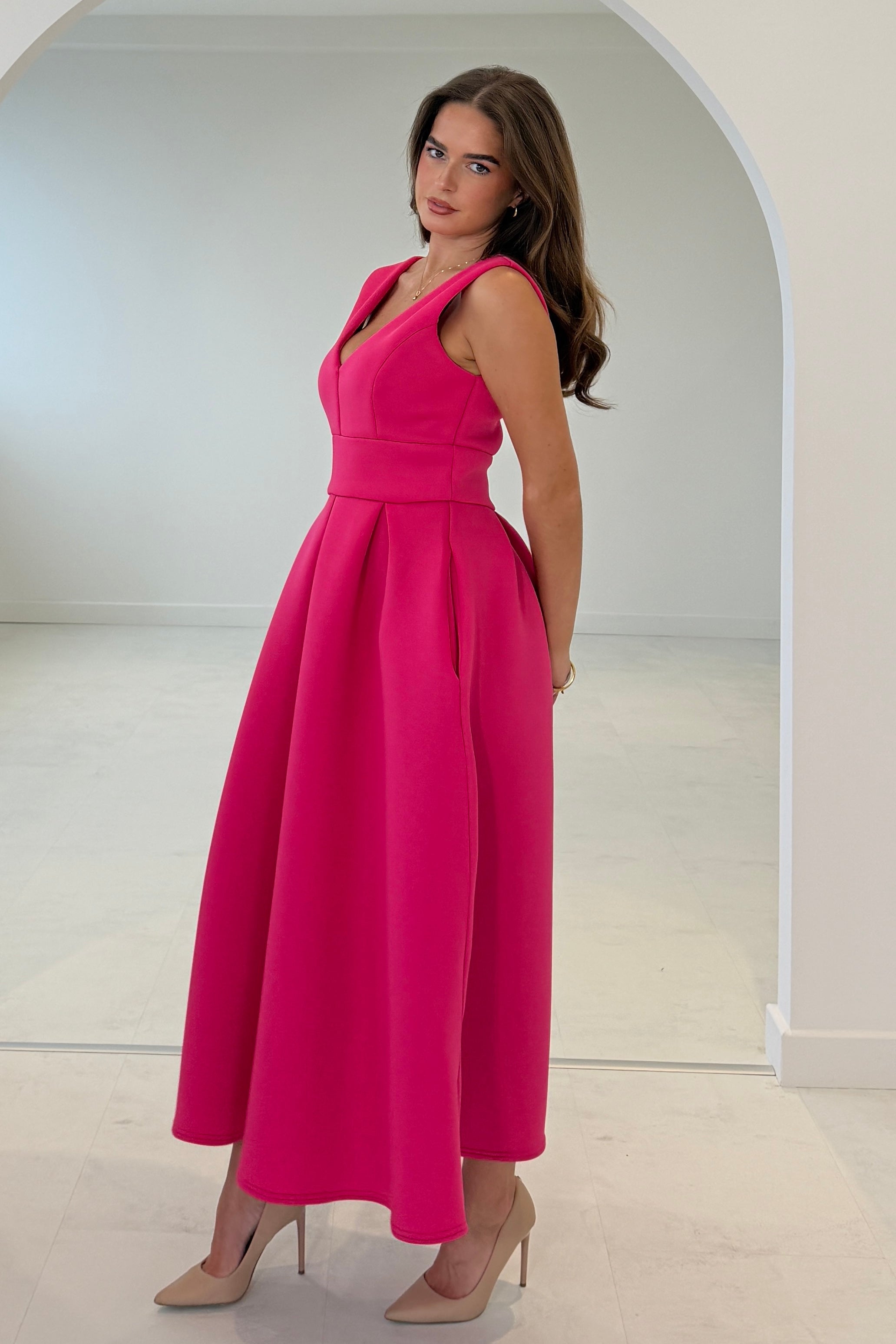Bethany V Neck Skater Midi Hot Pink