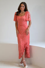 Heidi Lace Ruched Midi Dress Coral