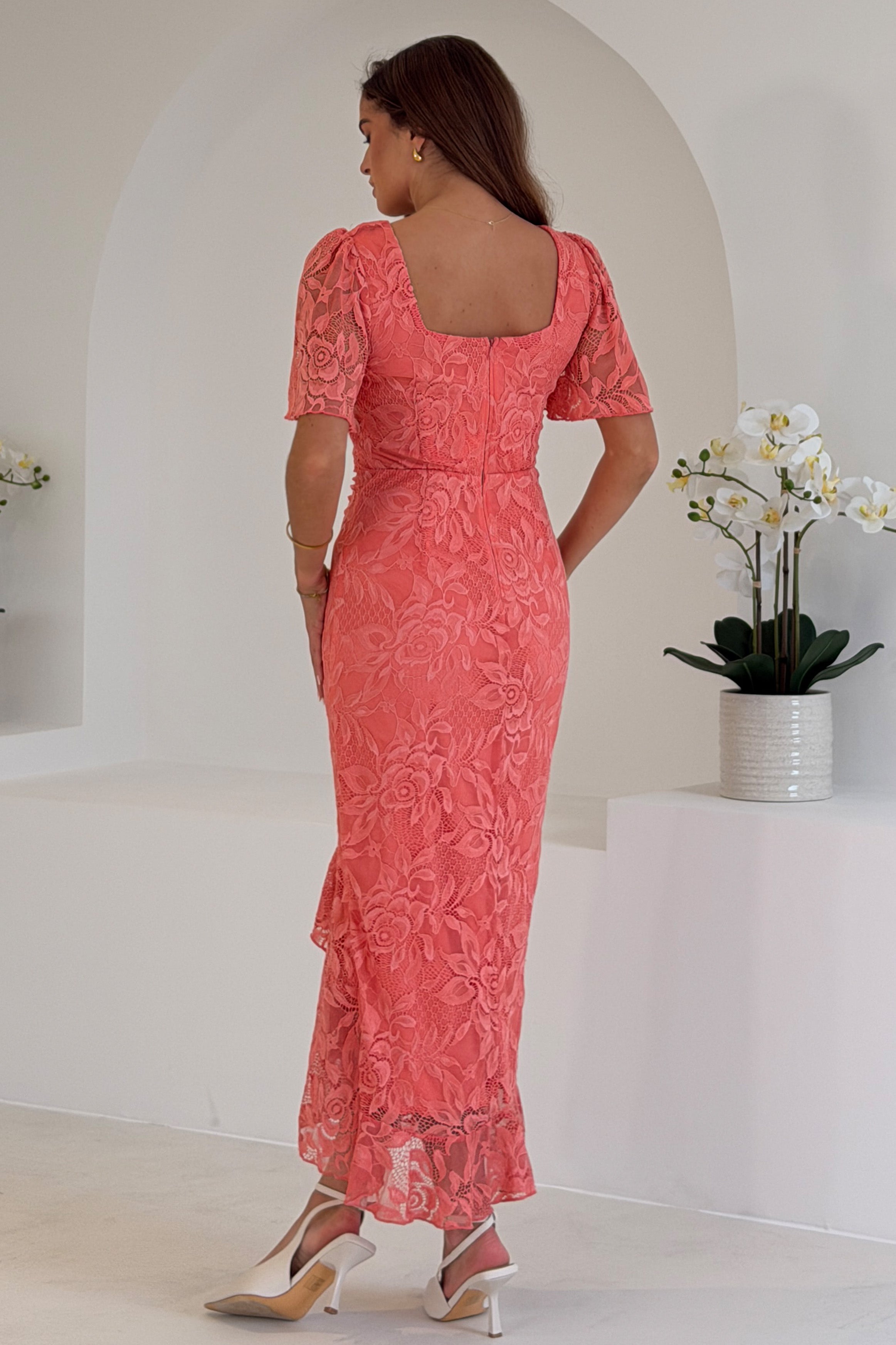 Heidi Lace Ruched Midi Dress Coral