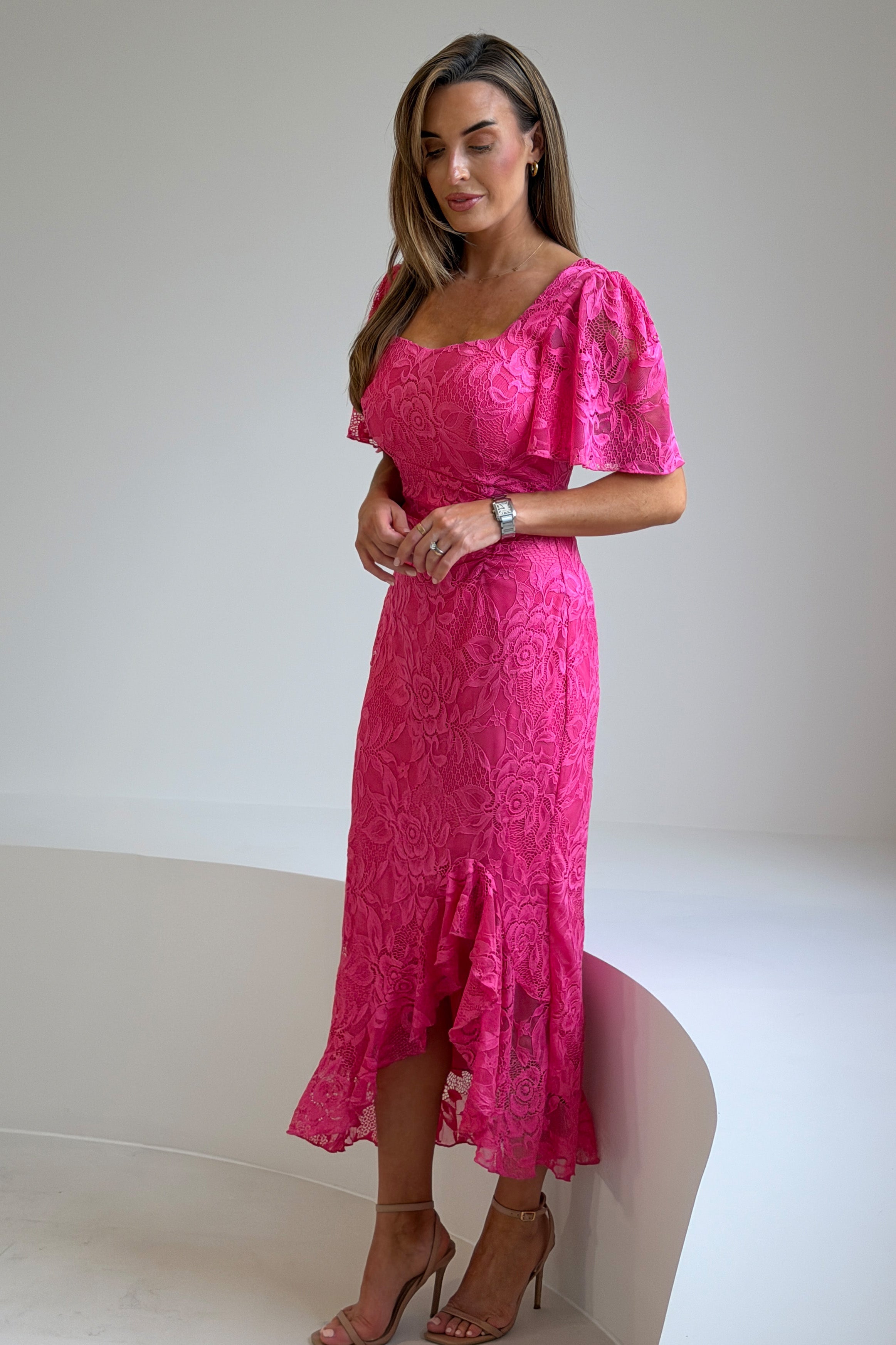 Heidi Lace Ruched Midi Dress Pink