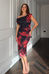 Ariana Asymmetric Neckline Midi Dress Black Red