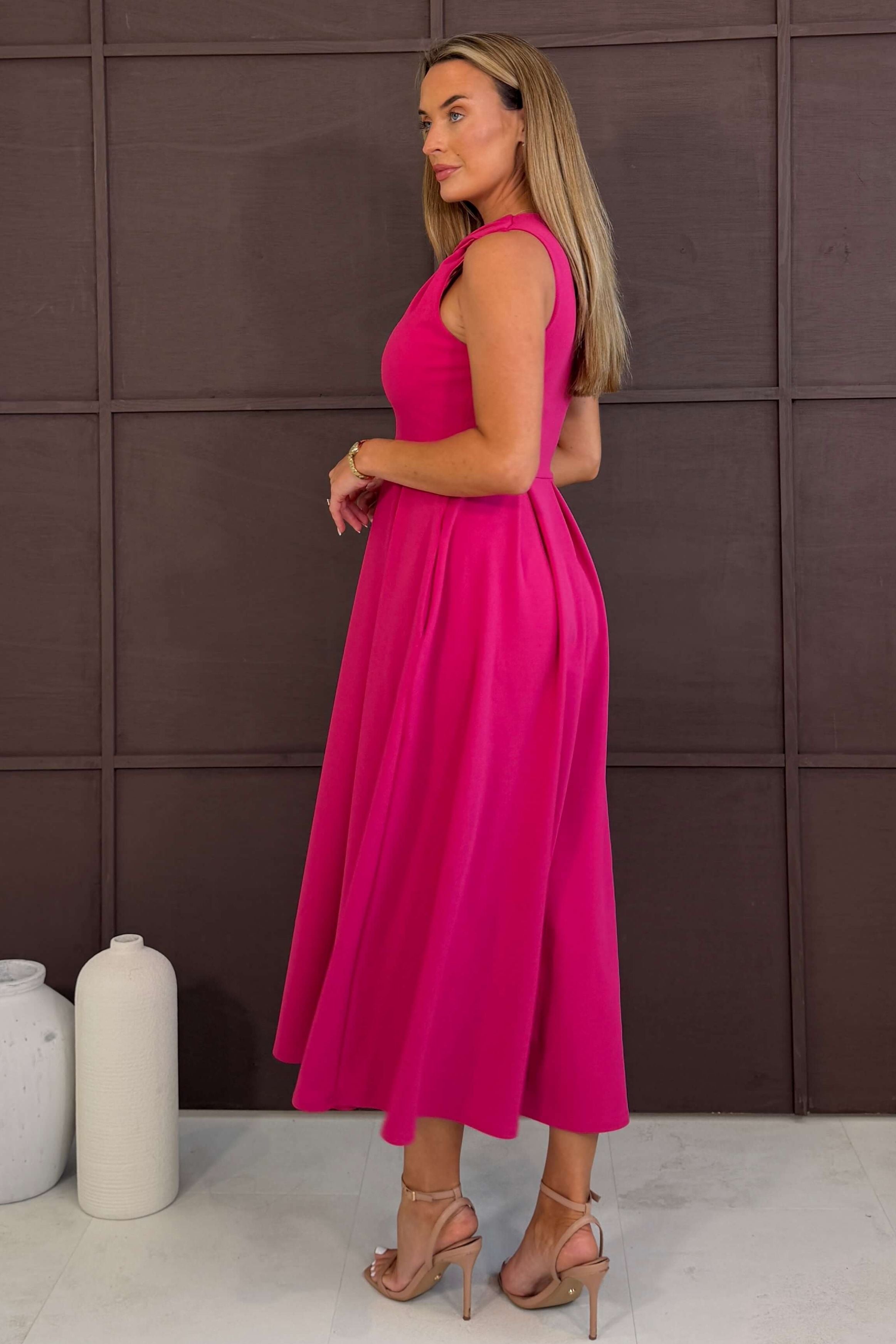Anastasia Knot Detail Midi Dress Hot Pink