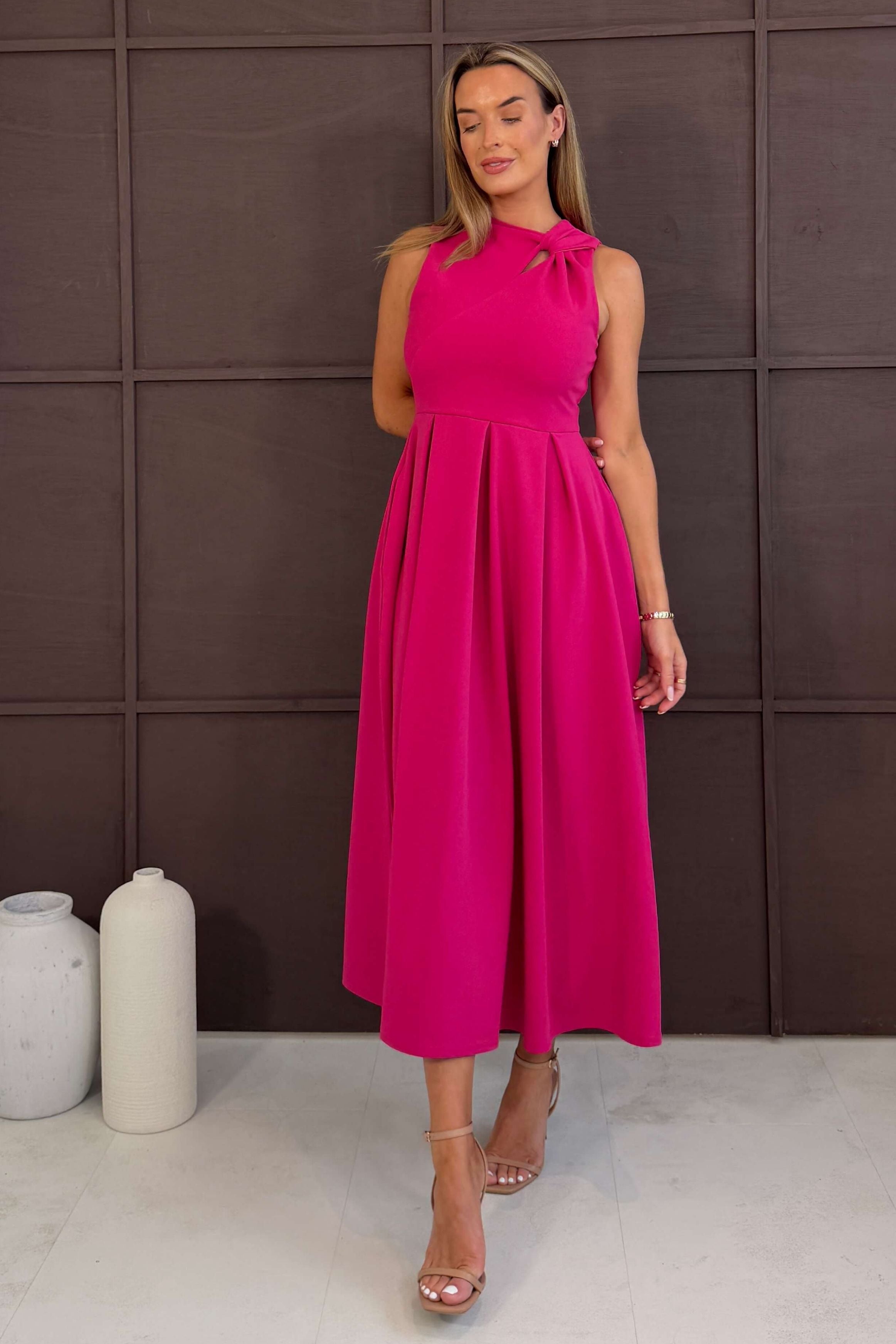 Anastasia Knot Detail Midi Dress Hot Pink