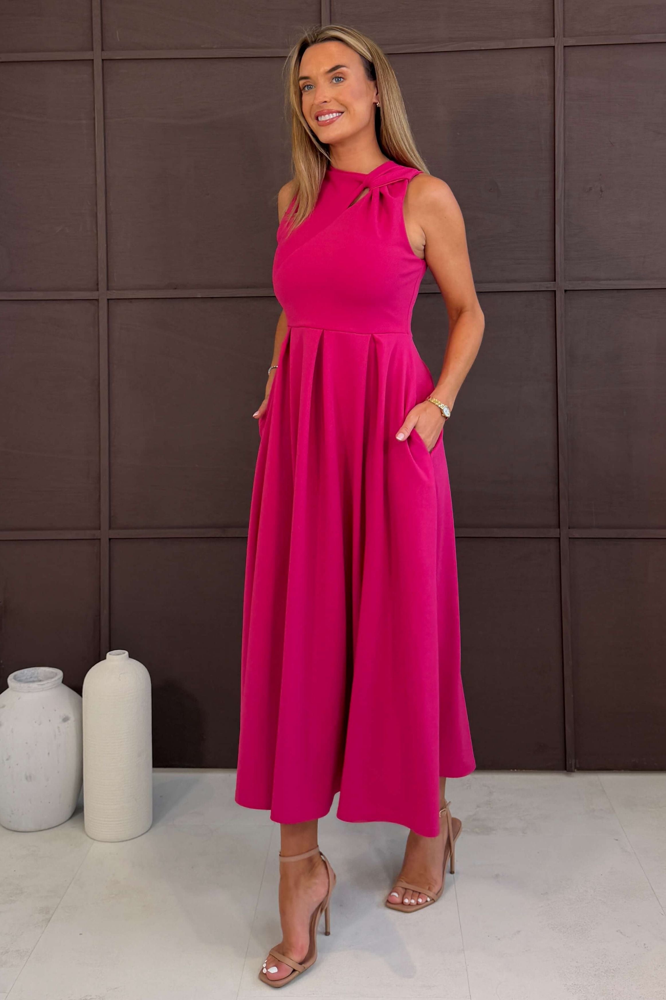 Anastasia Knot Detail Midi Dress Hot Pink