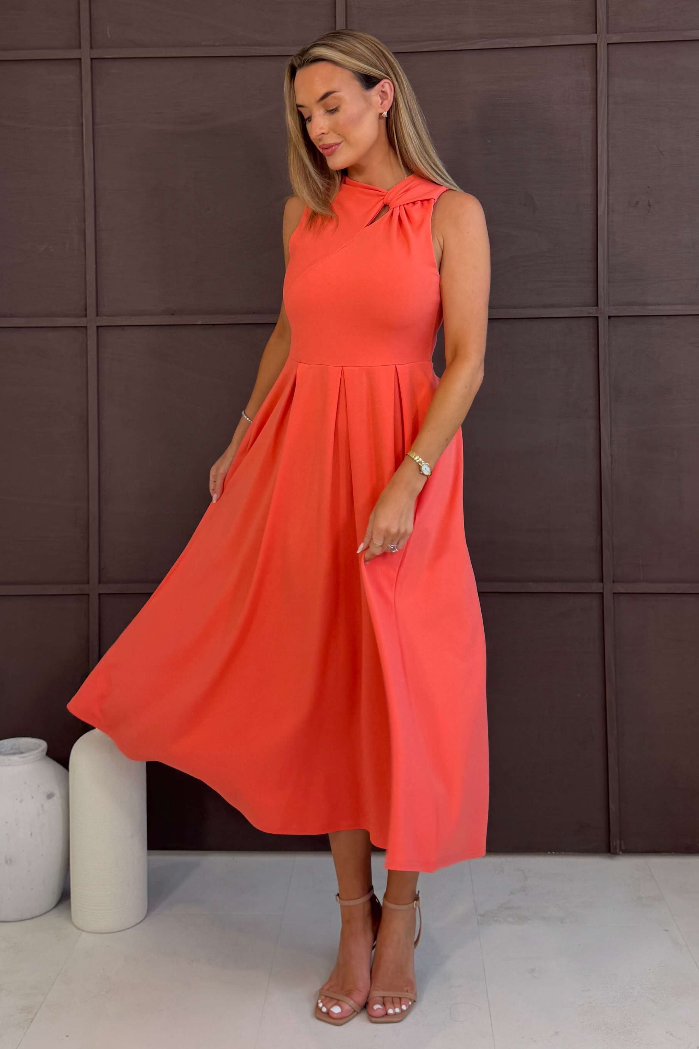 Anastasia Knot Detail Midi Dress Coral