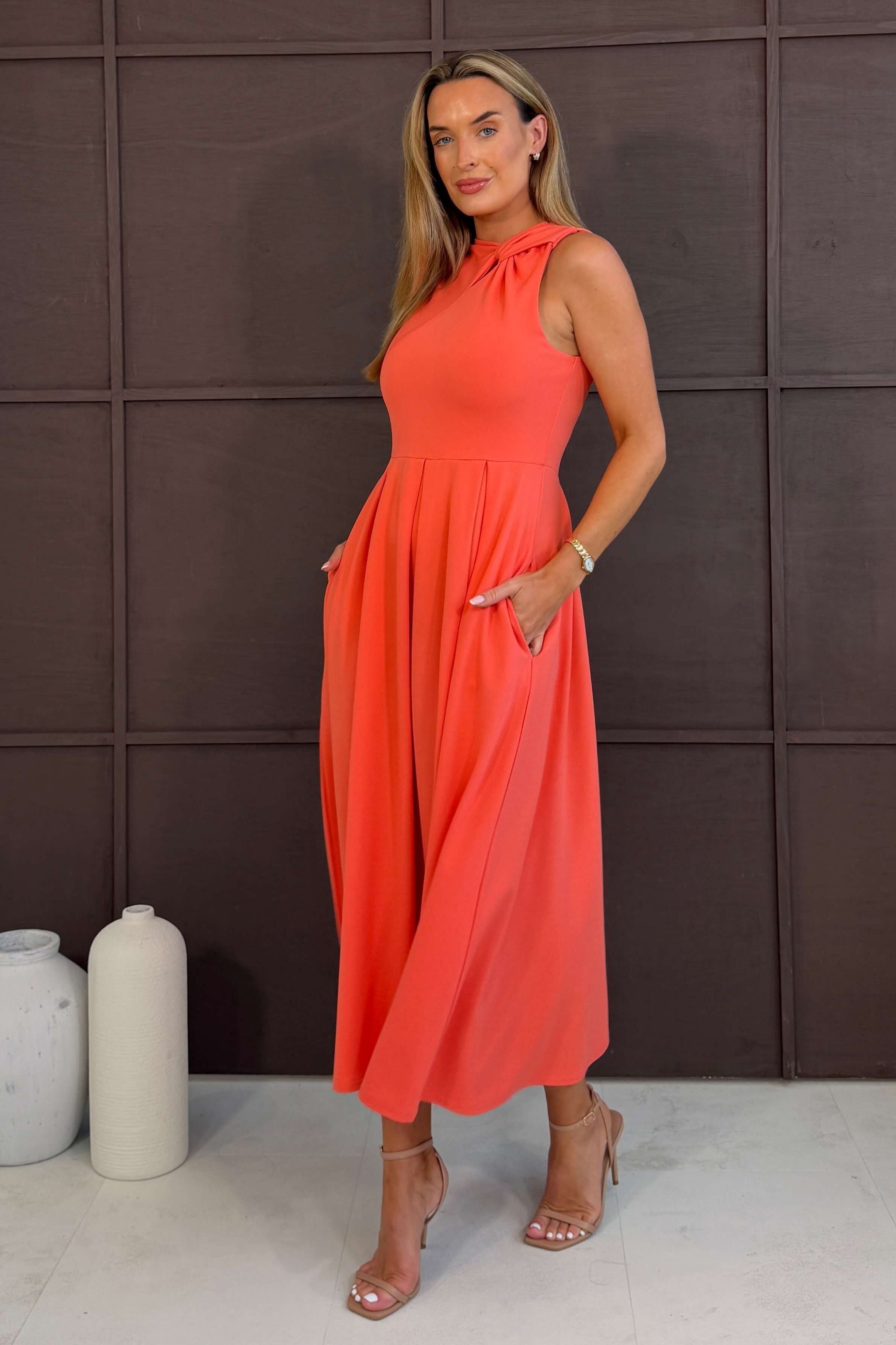 Anastasia Knot Detail Midi Dress Coral