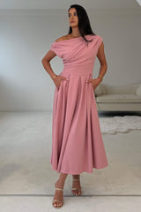 Dollie Asymmetric Neckline Skater Midi Dress Rose