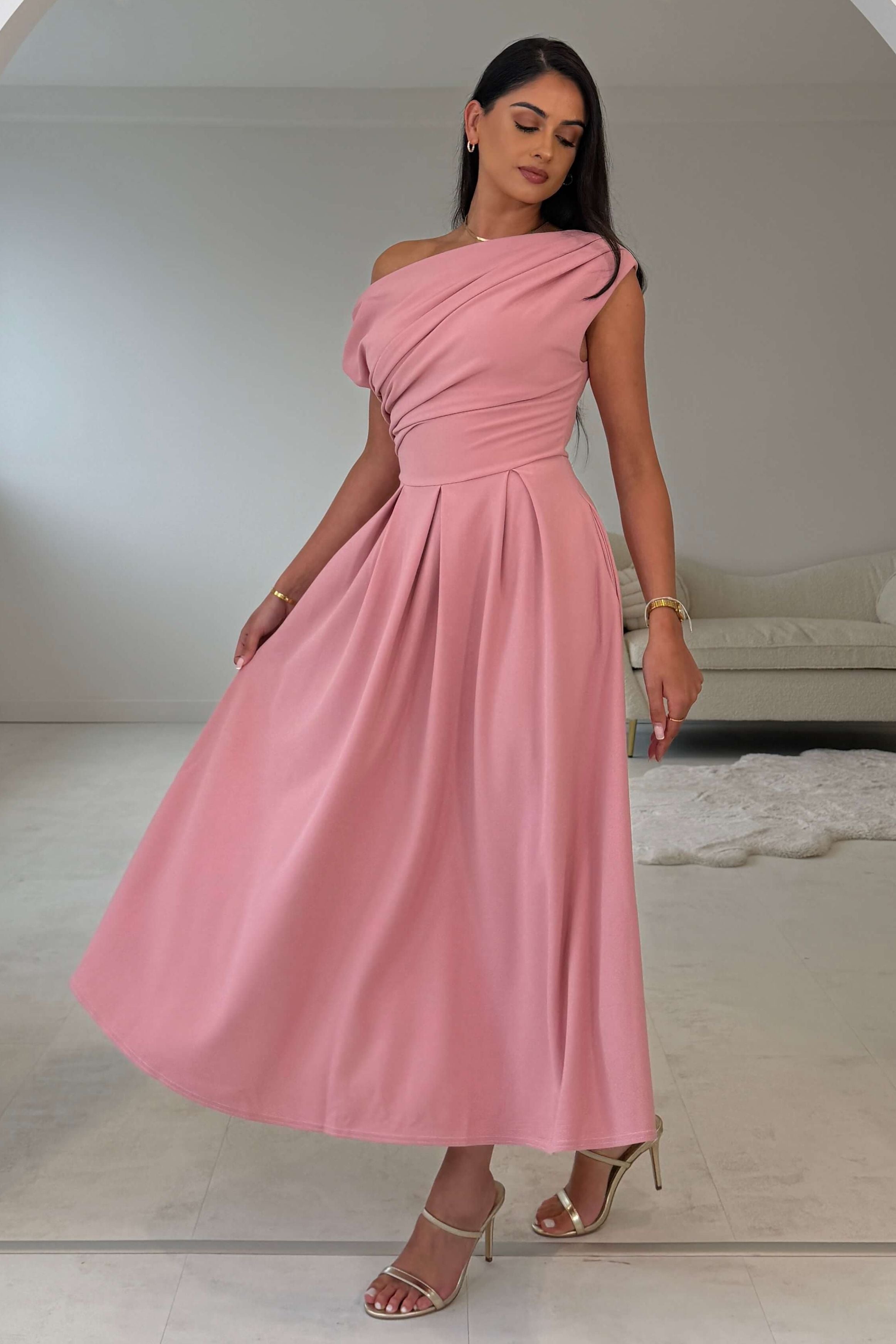 Dollie Asymmetric Neckline Skater Midi Dress Rose