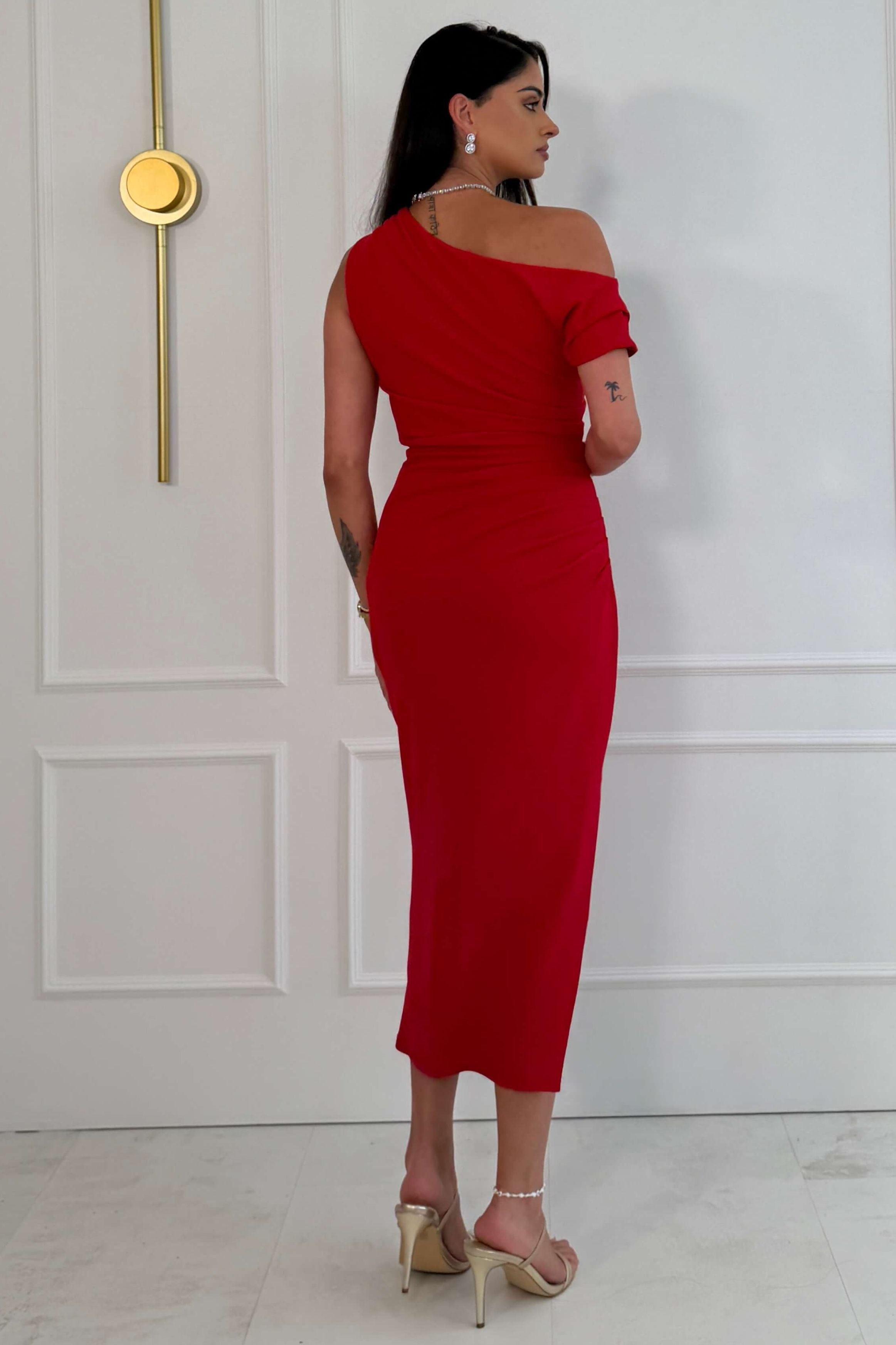 Donna Asymmetric Neckline Midi Dress Red