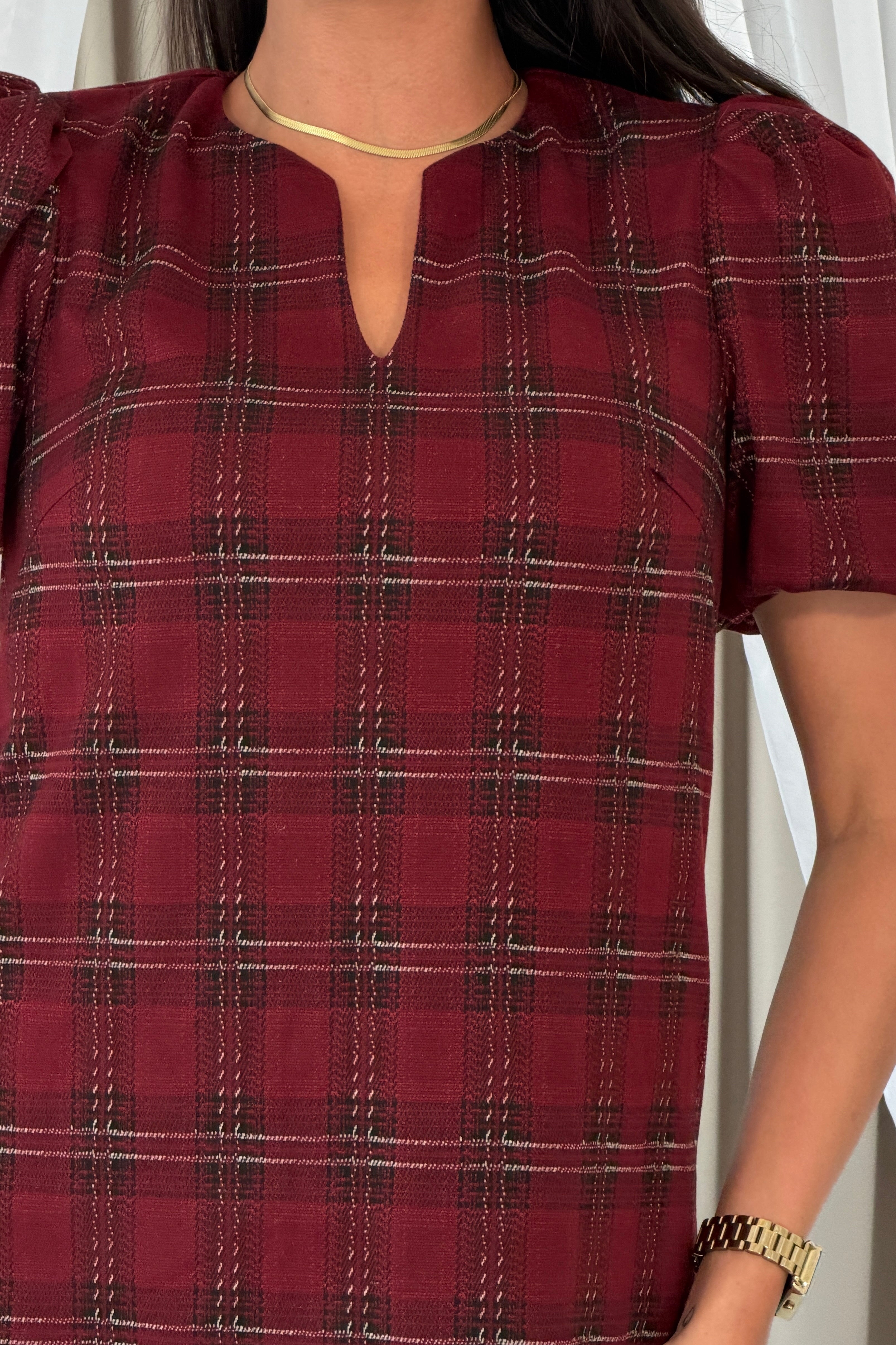 Leonora Check Puff Sleeve Mini Dress Red