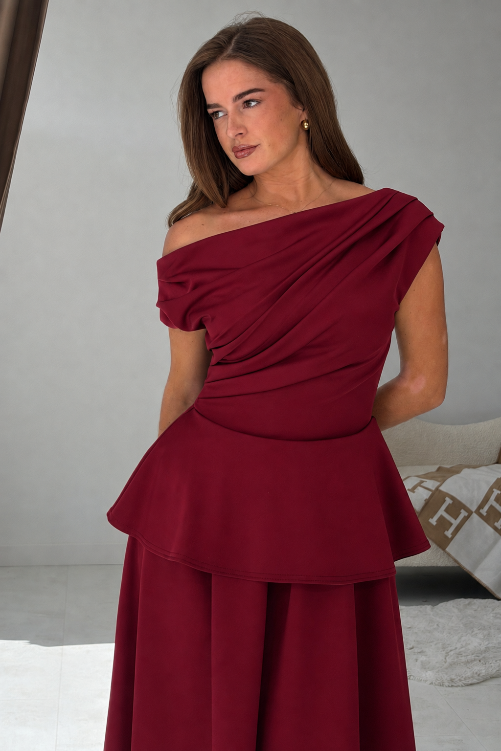 Connie Peplum Midi Dress Burgundy