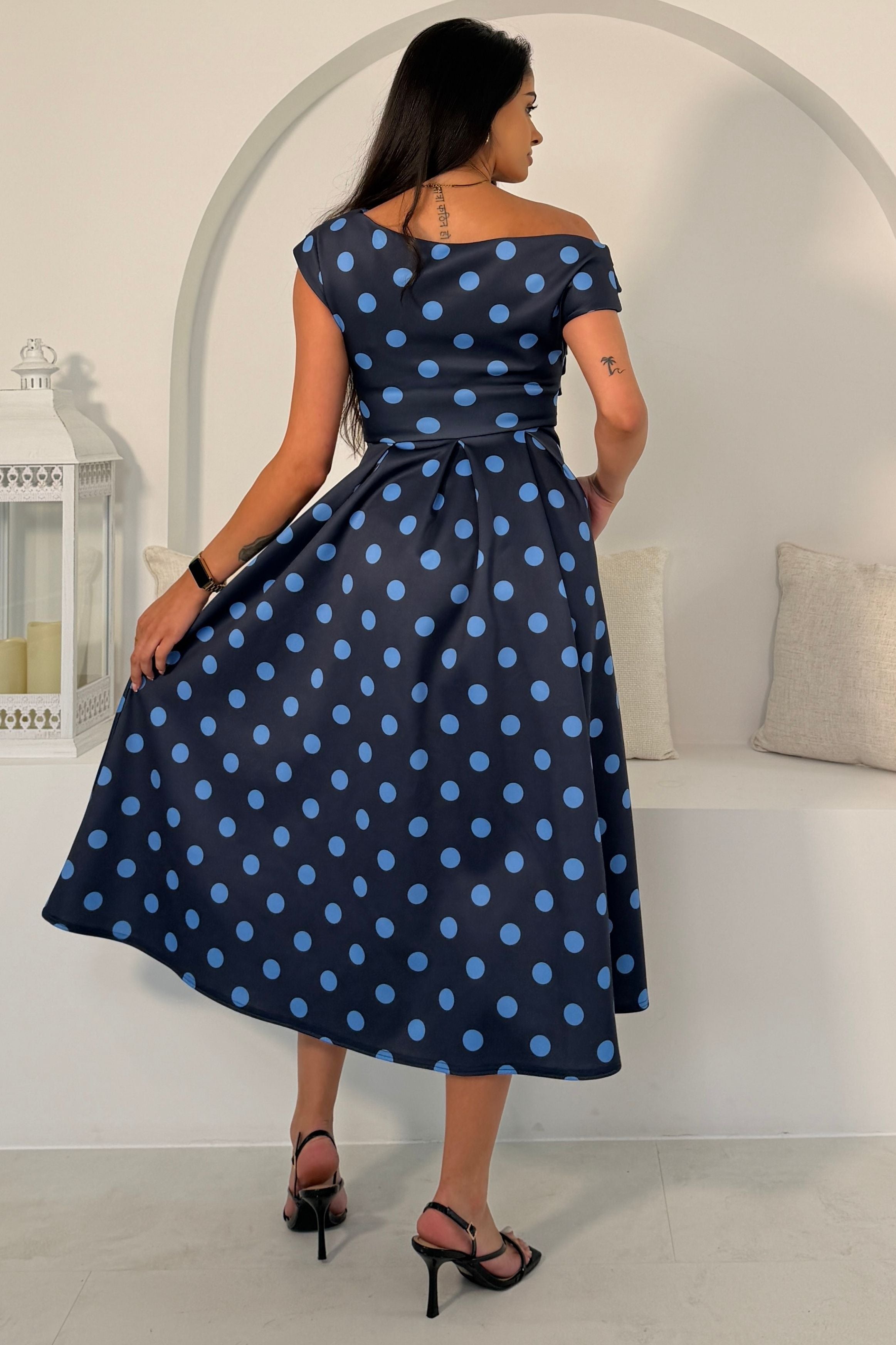 Betty Asymmetric Neckline Skater Midi Navy Polka