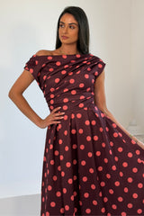 Betty Asymmetric Neckline Skater Midi Pink Polka